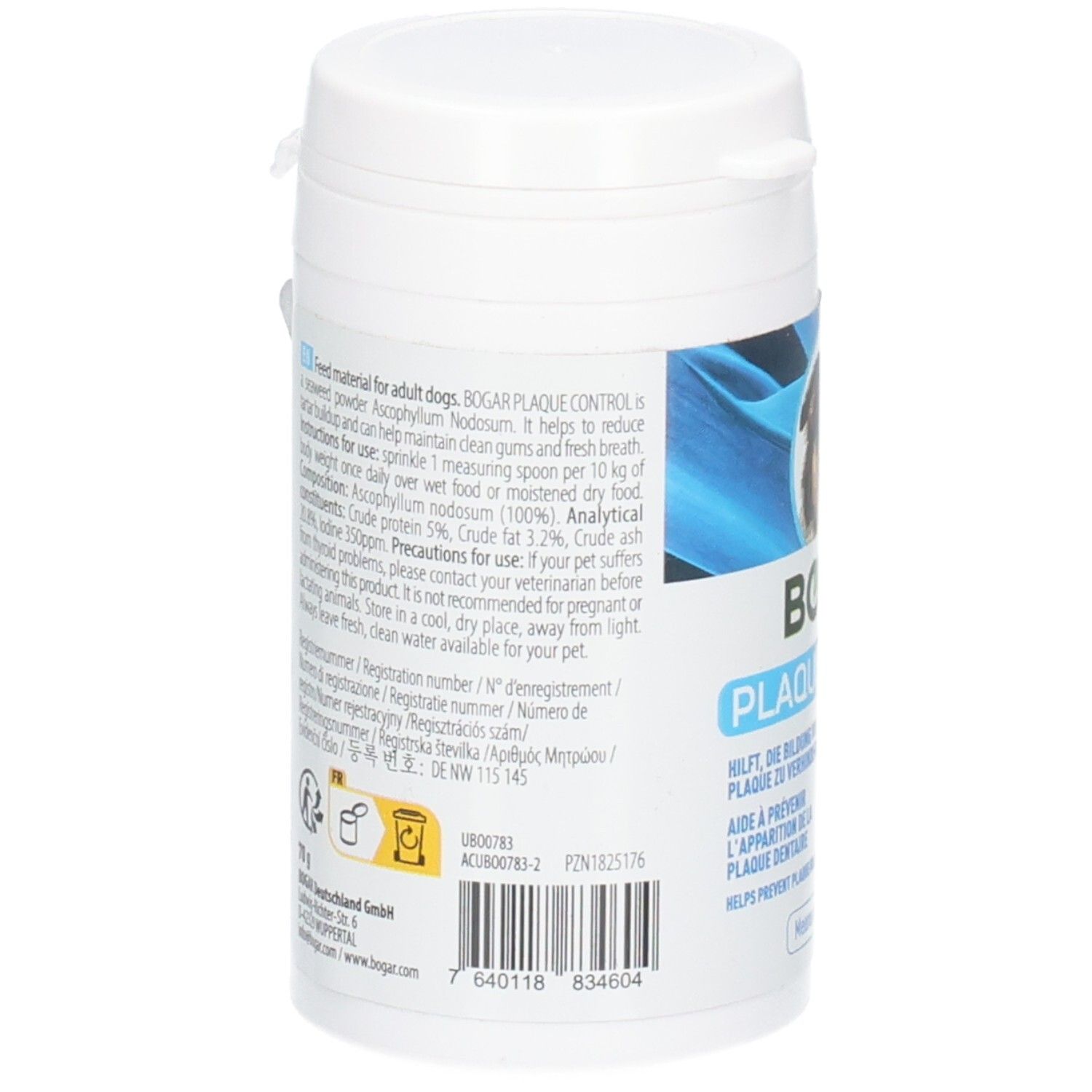 Weiße Dose, Rückseite. Textinformationen und Barcode. Aufschrift: BOGAR PLAQUE CONTROL.