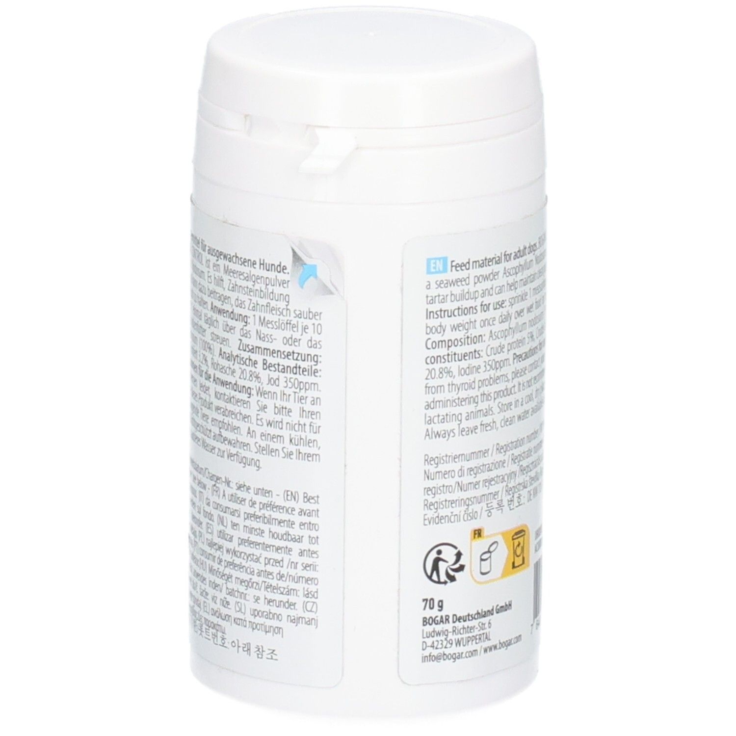 Weiße Dose, Rückseite. Textinformationen und Gewichtsangabe: 70 g. Aufschrift: BOGAR PLAQUE CONTROL.