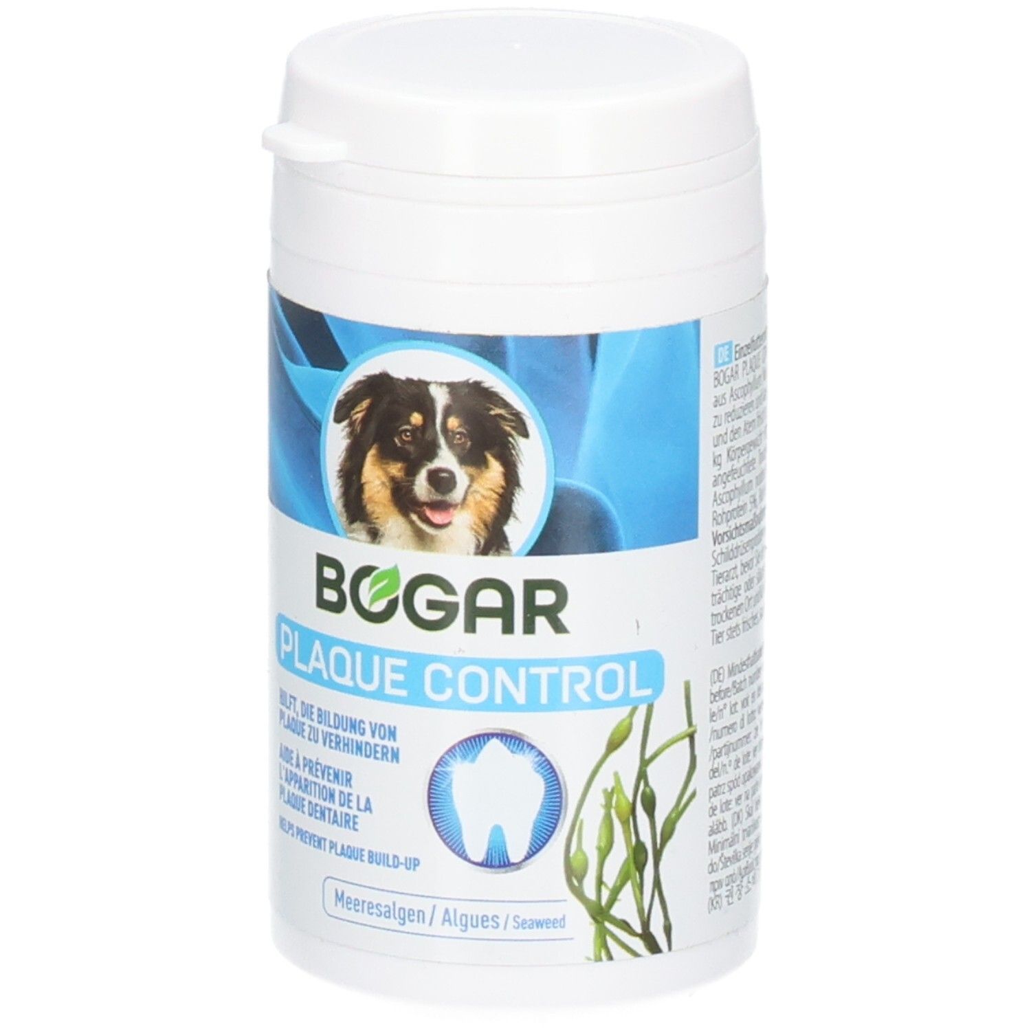 Weiße Dose mit blauem Etikett. Aufschrift: BOGAR PLAQUE CONTROL. Abbildung eines Hundes und eines Zahns.