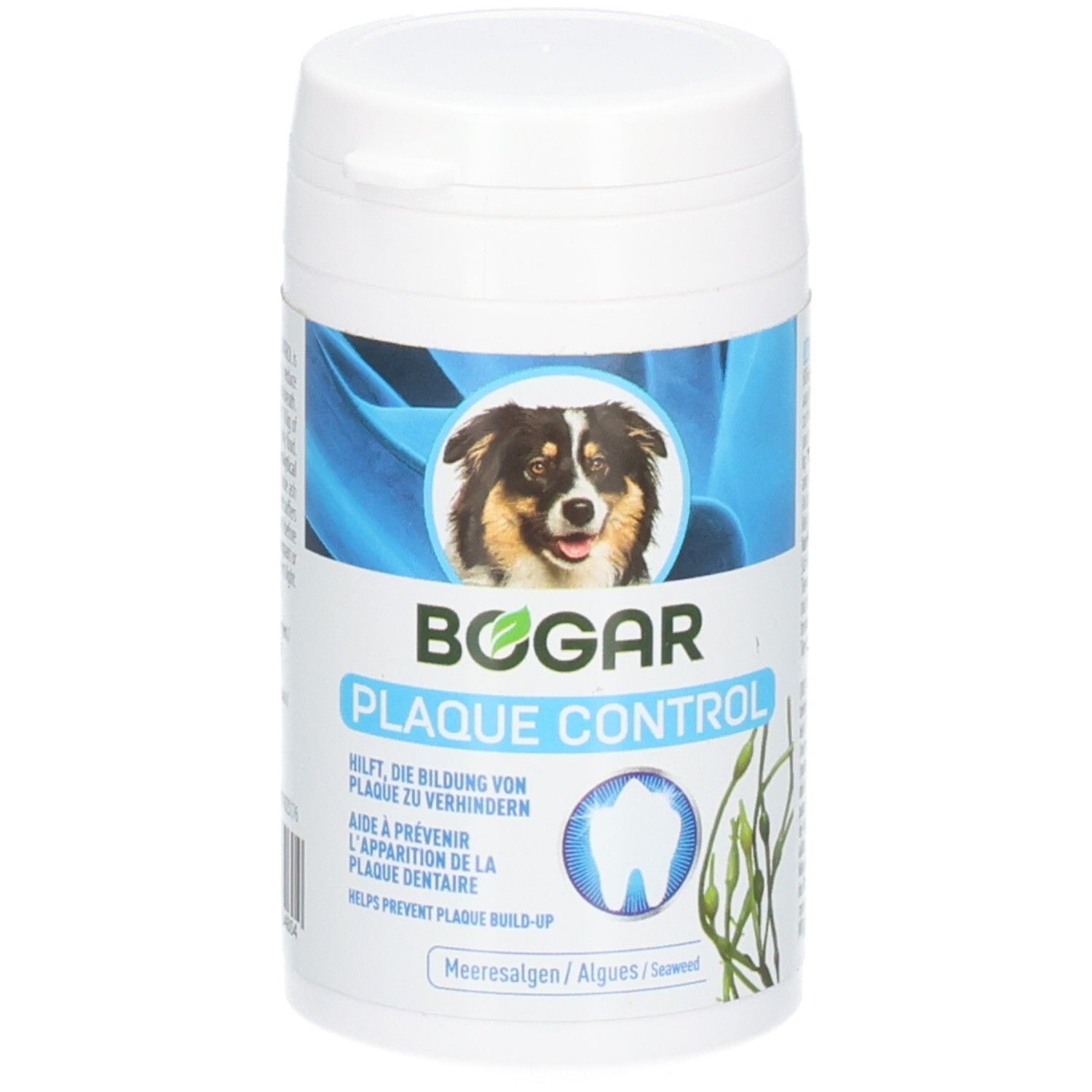 Weiße Dose mit blauem Etikett. Aufschrift: BOGAR PLAQUE CONTROL. Abbildung eines Hundes und eines Zahns.