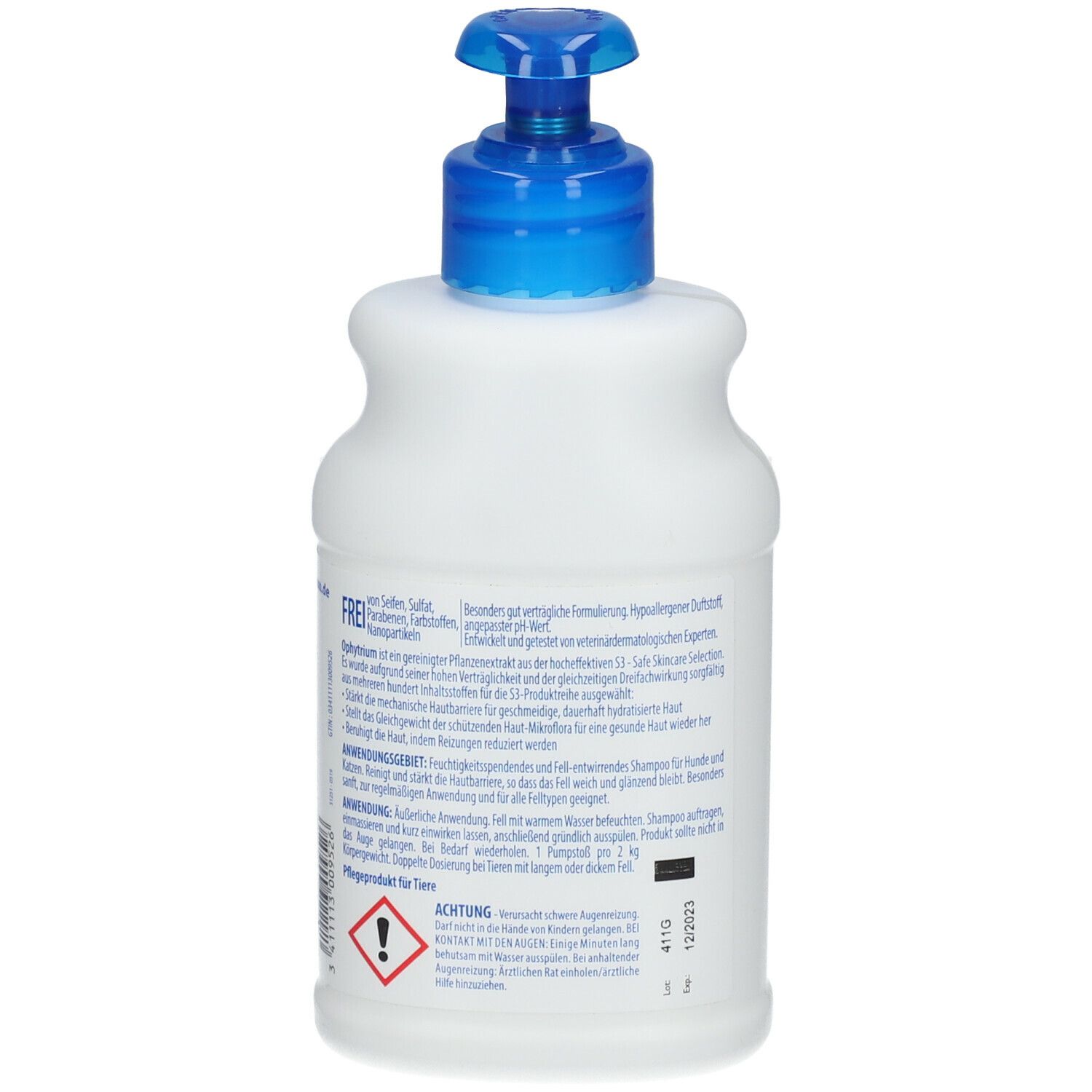 Dos du flacon blanc avec pompe bleue. Texte et avertissement. Inscription DOUXO S3 CARE.