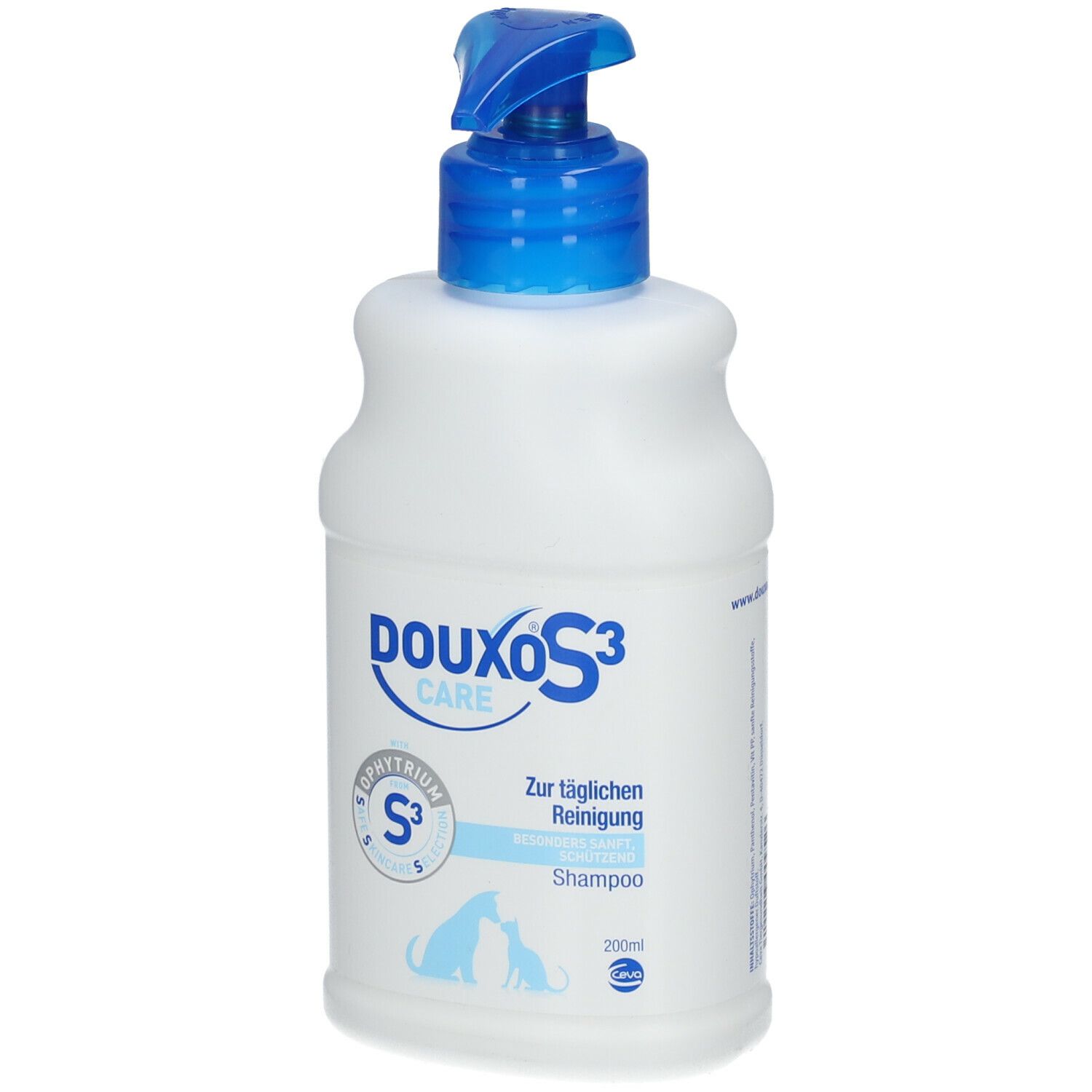 Flacon blanc avec pompe bleue. Inscription DOUXO S3 CARE, S3, Shampoo. Illustration chien et chat.