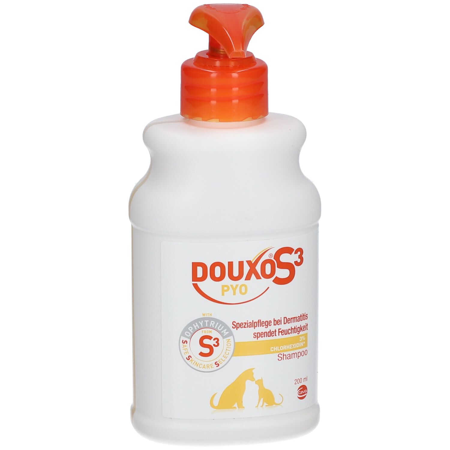 Weiße Flasche mit orangefarbenem Pumpkopf. Aufschrift DOUXO S3 PYO, darunter ein Hund und eine Katze. Spezialpflege bei Dermatitis.