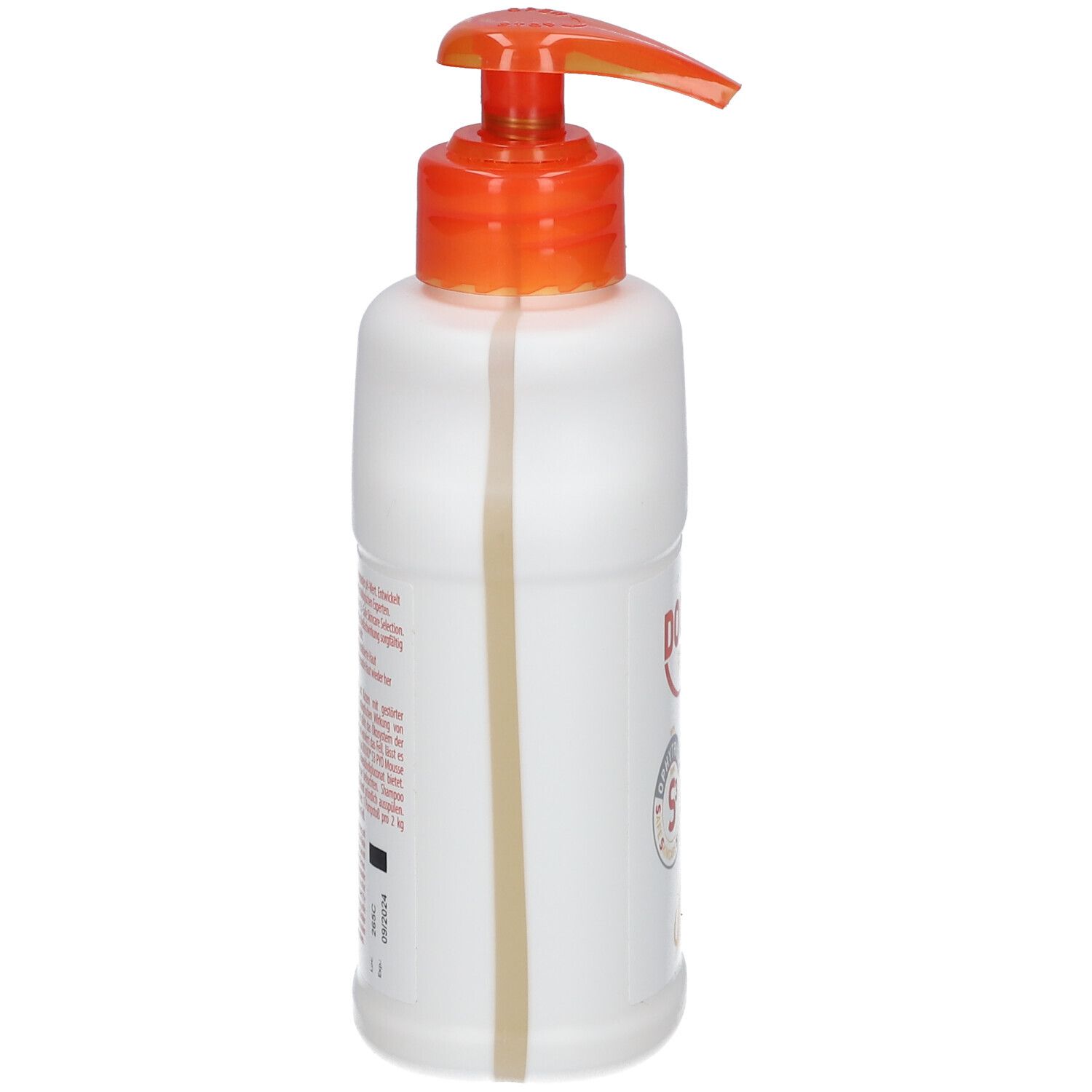 Weiße Flasche mit orangefarbenem Pumpkopf. Auf der Seite Text und Barcode. Der Pumpkopf ist nach links gerichtet.