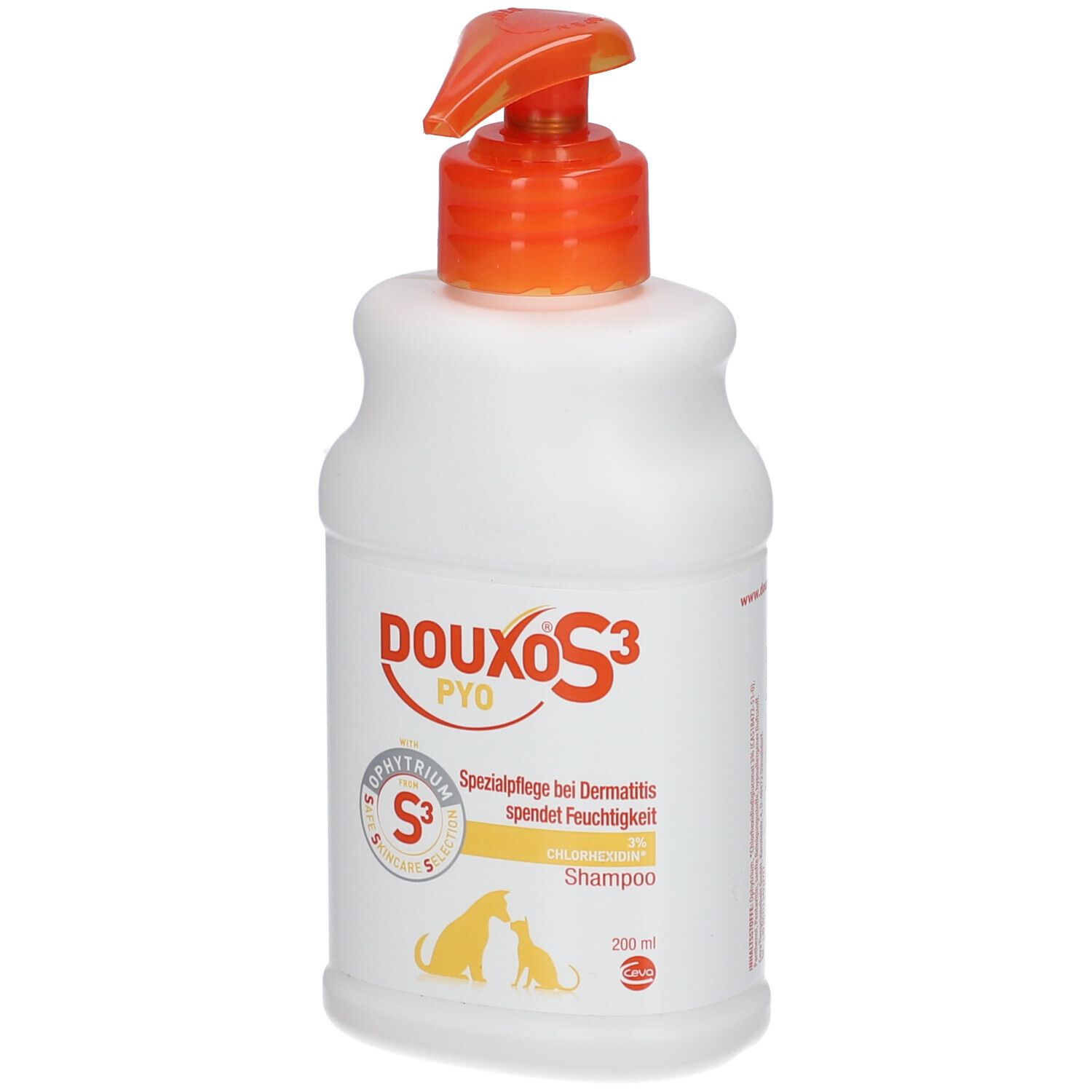 Weiße Flasche mit orangefarbenem Pumpkopf. Aufschrift DOUXO S3 PYO, darunter ein Hund und eine Katze. Spezialpflege bei Dermatitis.