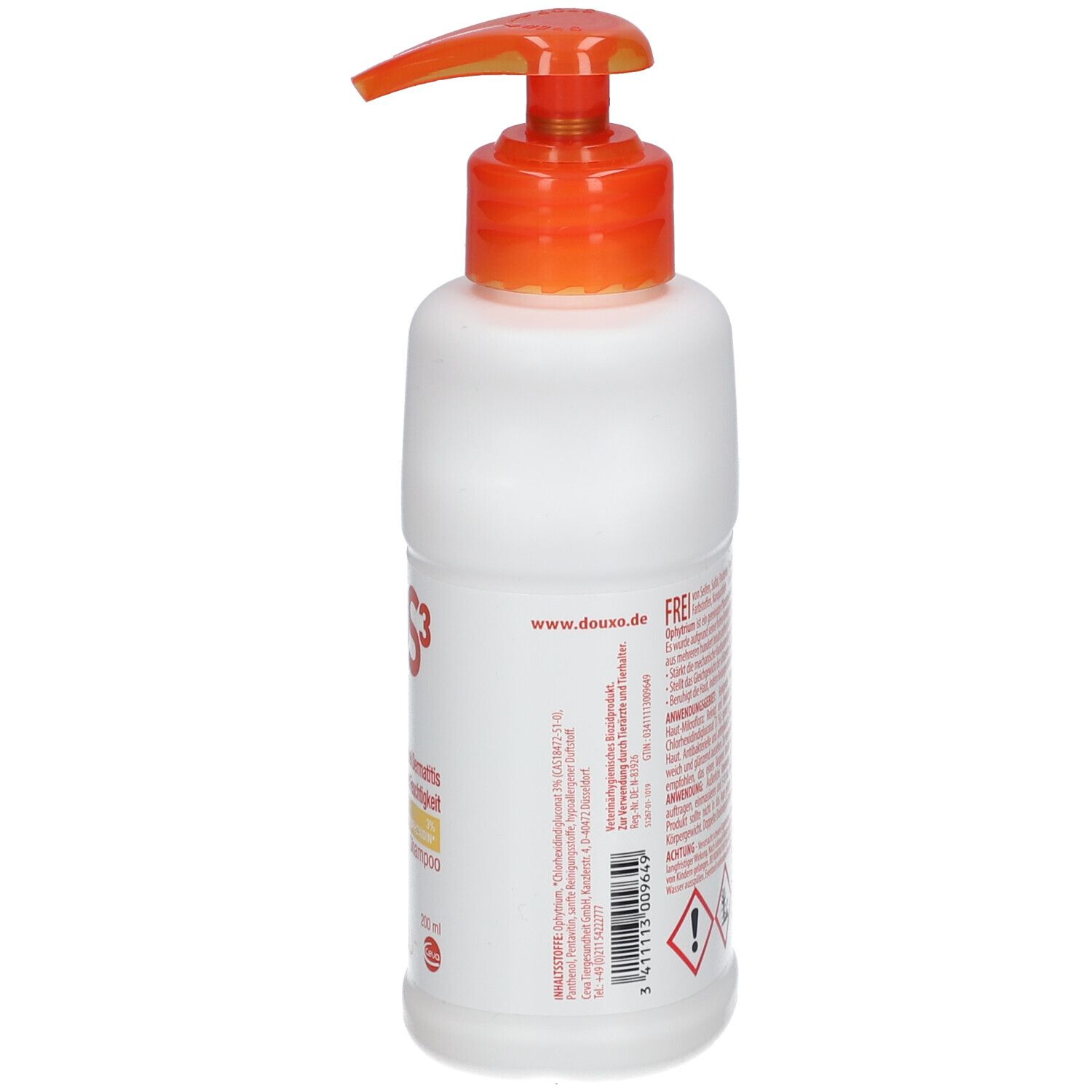 Weiße Flasche mit orangefarbenem Pumpkopf. Auf der Seite Text und Barcode. Der Pumpkopf ist nach links gerichtet.