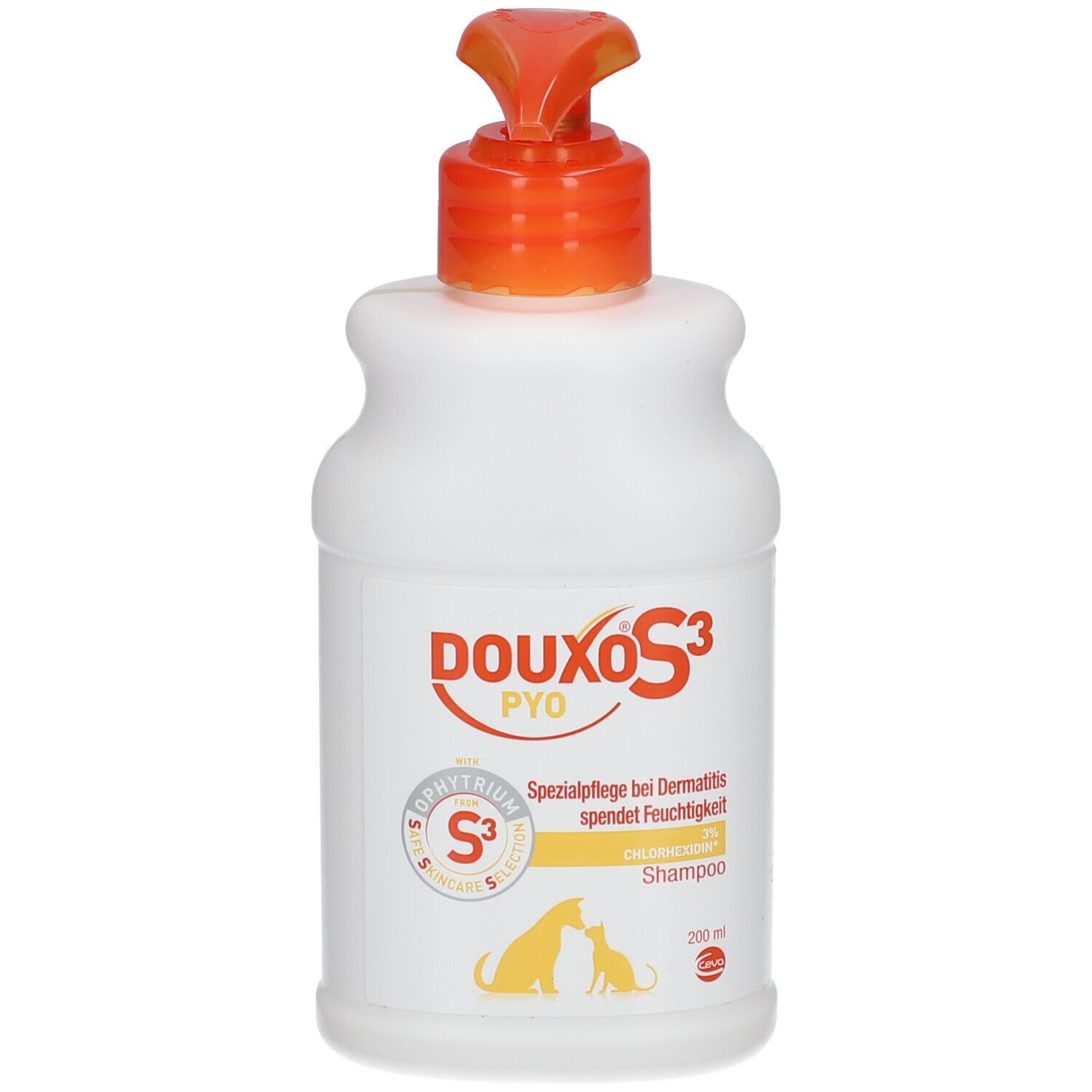 Weiße Flasche mit orangefarbenem Pumpkopf. Aufschrift DOUXO S3 PYO, darunter ein Hund und eine Katze. Spezialpflege bei Dermatitis.