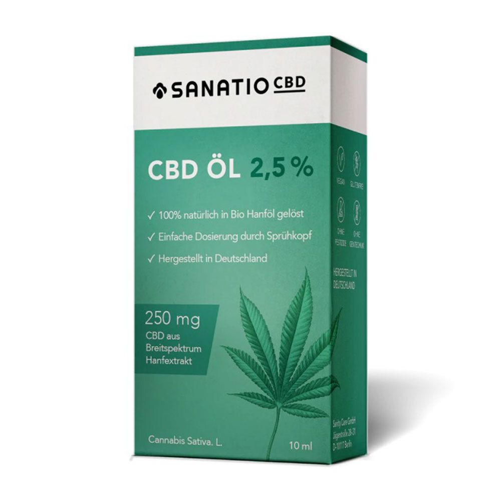 Boîte de SANATIO CBD Öl 2,5 %. Emballage vert et blanc. Texte : CBD Öl, 2,5 %, 250 mg CBD, extrait de chanvre.