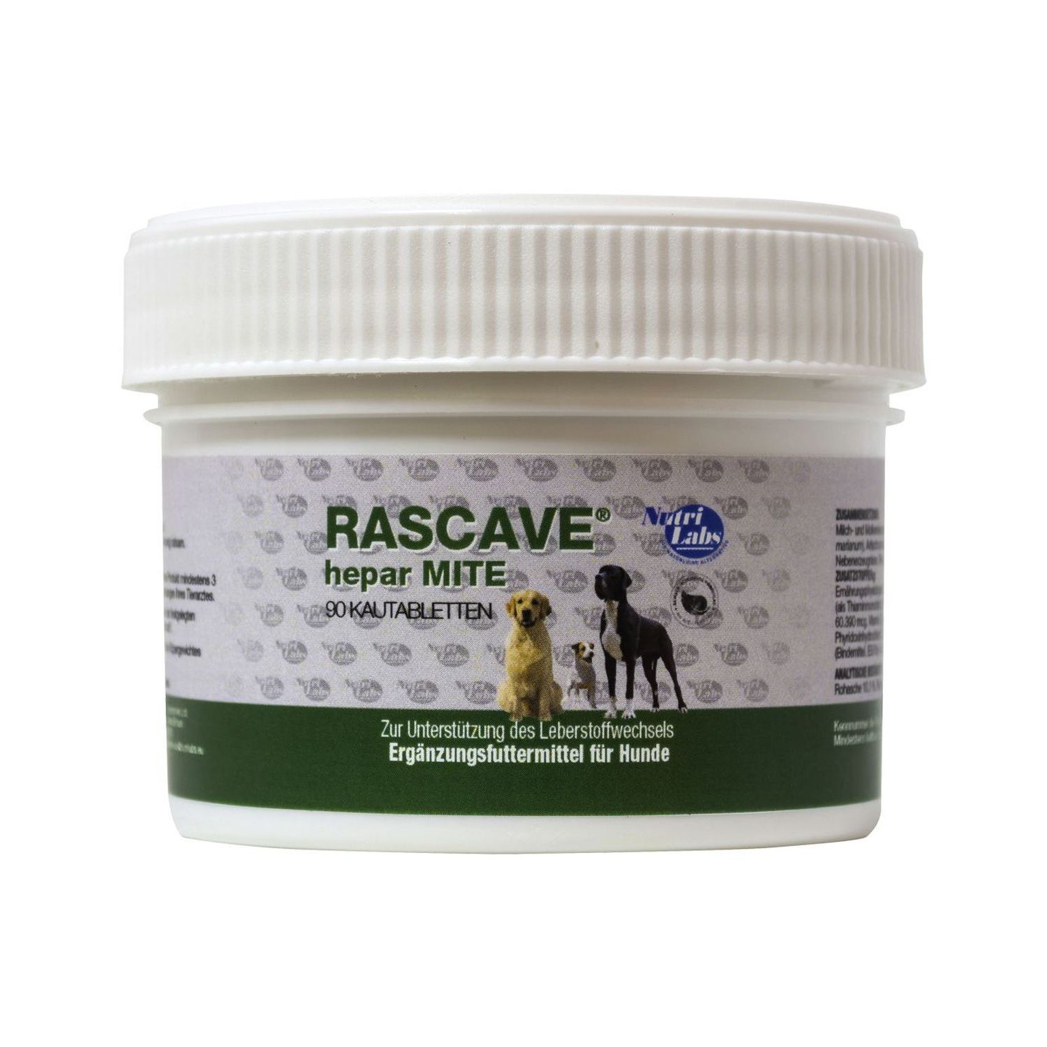 Weißes, rundes Produkt mit Deckel. Aufschrift: Rascave hepar MITE, 90 Kautabletten. Abbildung von Hunden. Ergänzungsfuttermittel für Hunde.