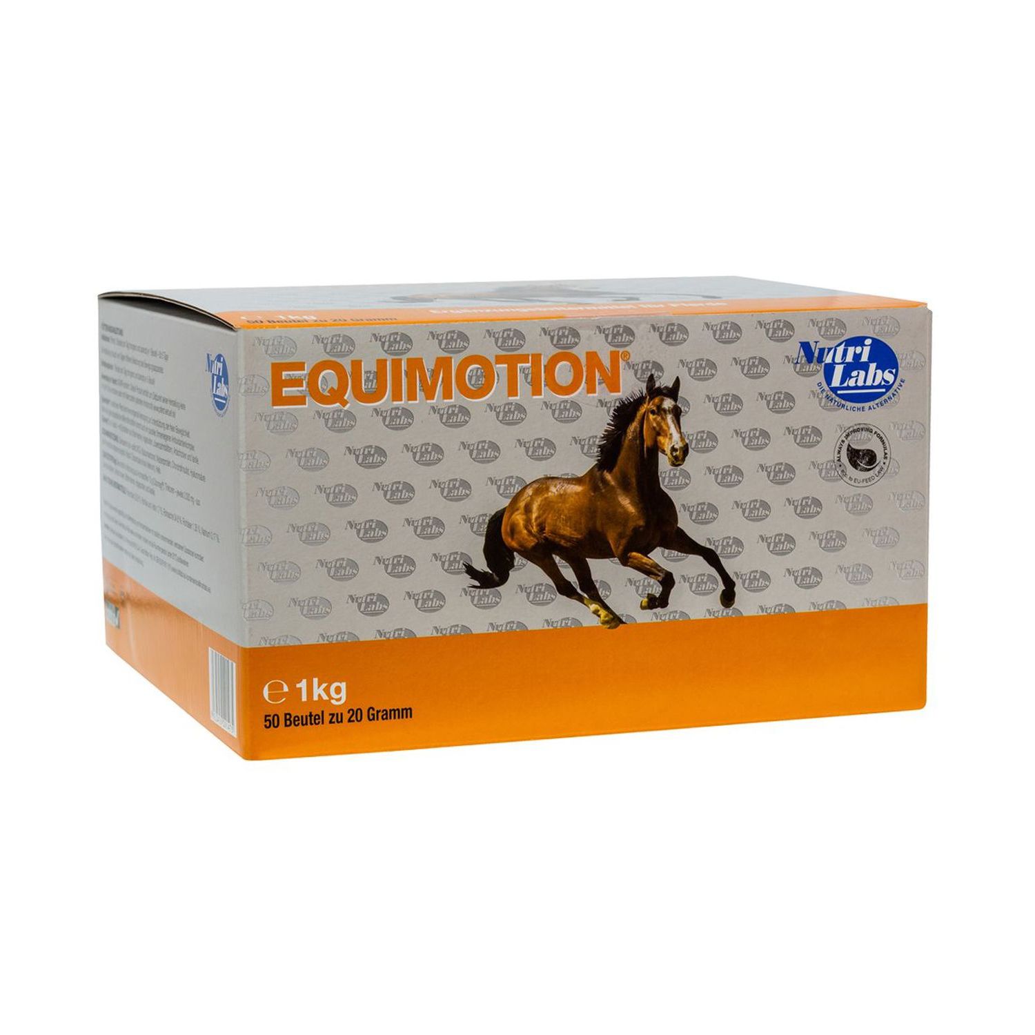 Karton mit "Equimotion"-Logo und Pferd-Illustration. Enthält 1 kg Pulver, 50 Beutel à 20 Gramm.