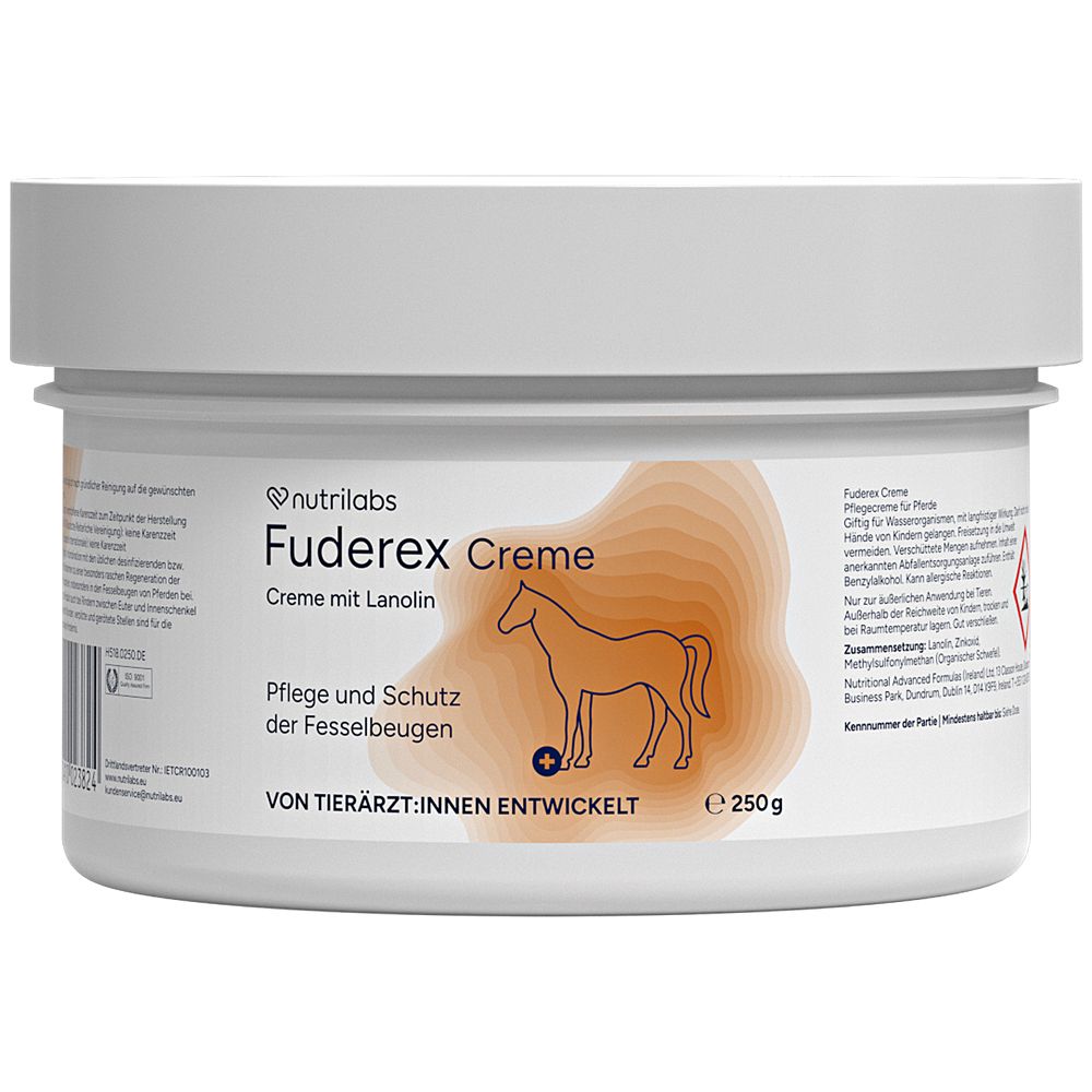 Weiße Dose mit Deckel. Aufschrift: Nutrilabs Fuderex Creme. Abbildung eines Pferdes. Text: Pflege und Schutz der Fesselbeugen.