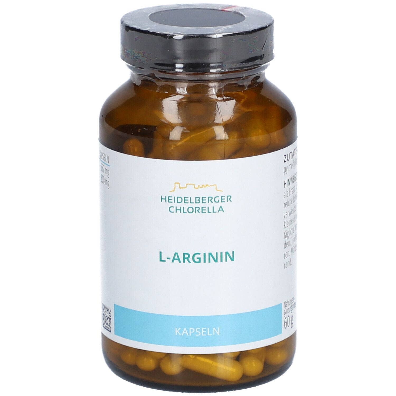Braune Glasflasche mit Kapseln. Etikett mit "HEIDELBERGER CHLORELLA L-ARGININ".