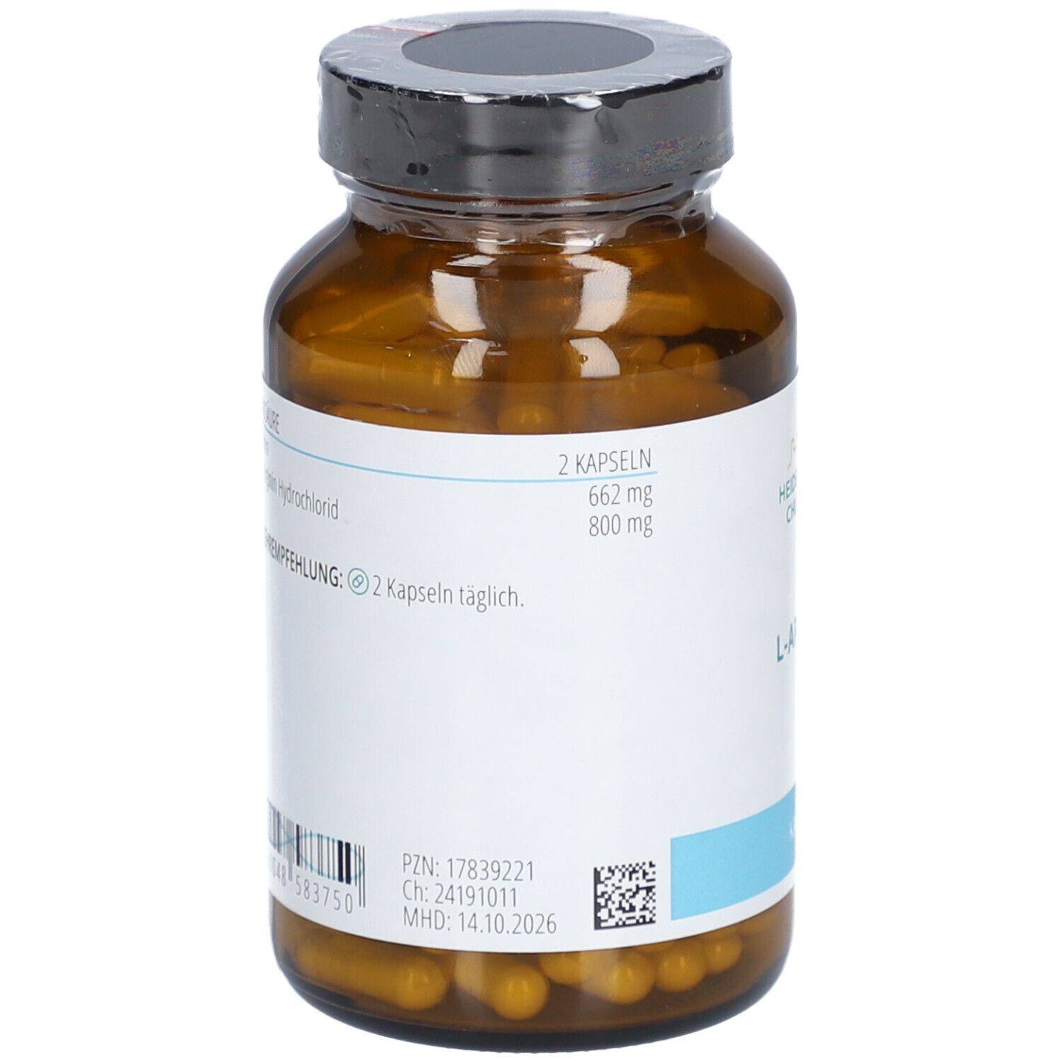 Rückansicht der braunen Glasflasche mit Kapseln. Etikett mit Informationen und Barcode.