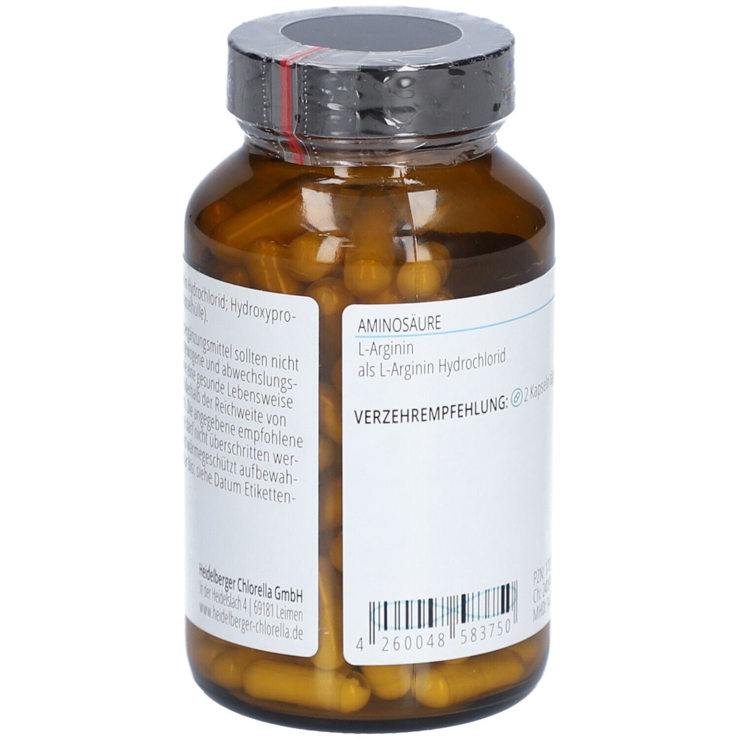 Rückansicht der braunen Glasflasche mit Kapseln. Etikett mit Inhaltsstoffen und Empfehlung.