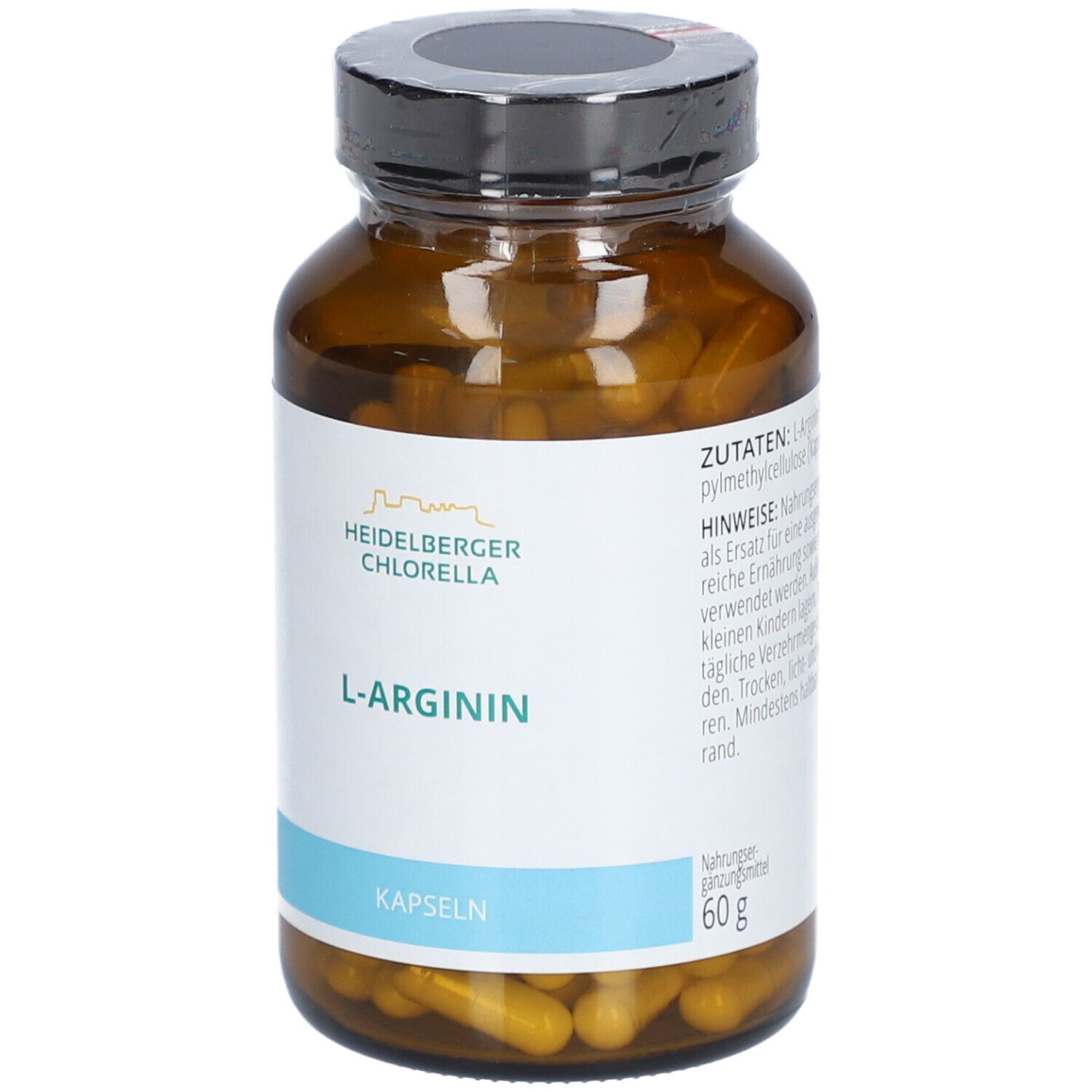 Braune Glasflasche mit Kapseln. Etikett mit "HEIDELBERGER CHLORELLA L-ARGININ" und 60g.