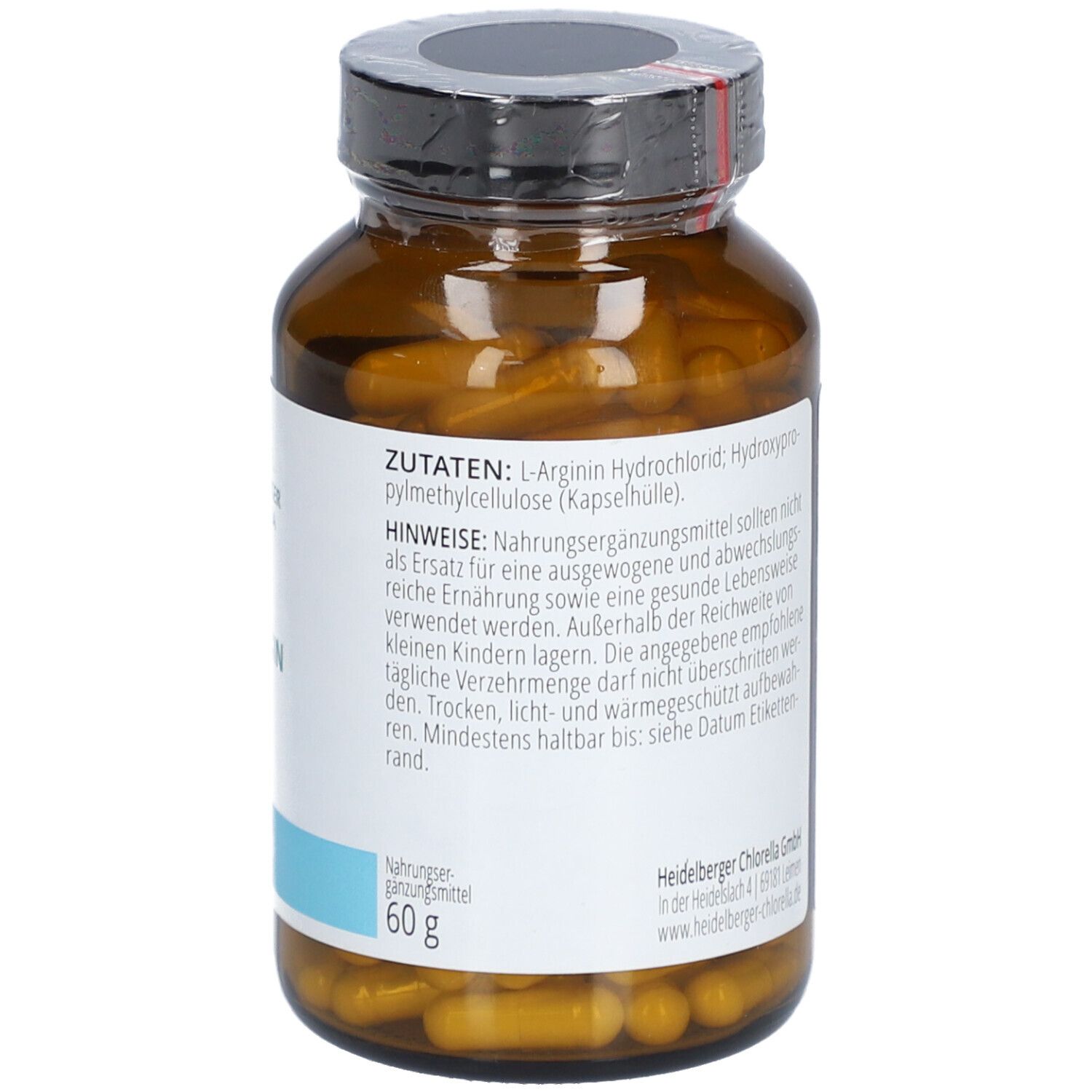 Rückansicht der braunen Glasflasche. Etikett mit Inhaltsstoffen, Hinweisen und 60g.