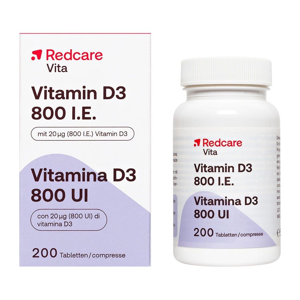 Redcare Vitamin D3 800 I.E. Kapseln und Faltschachtel.