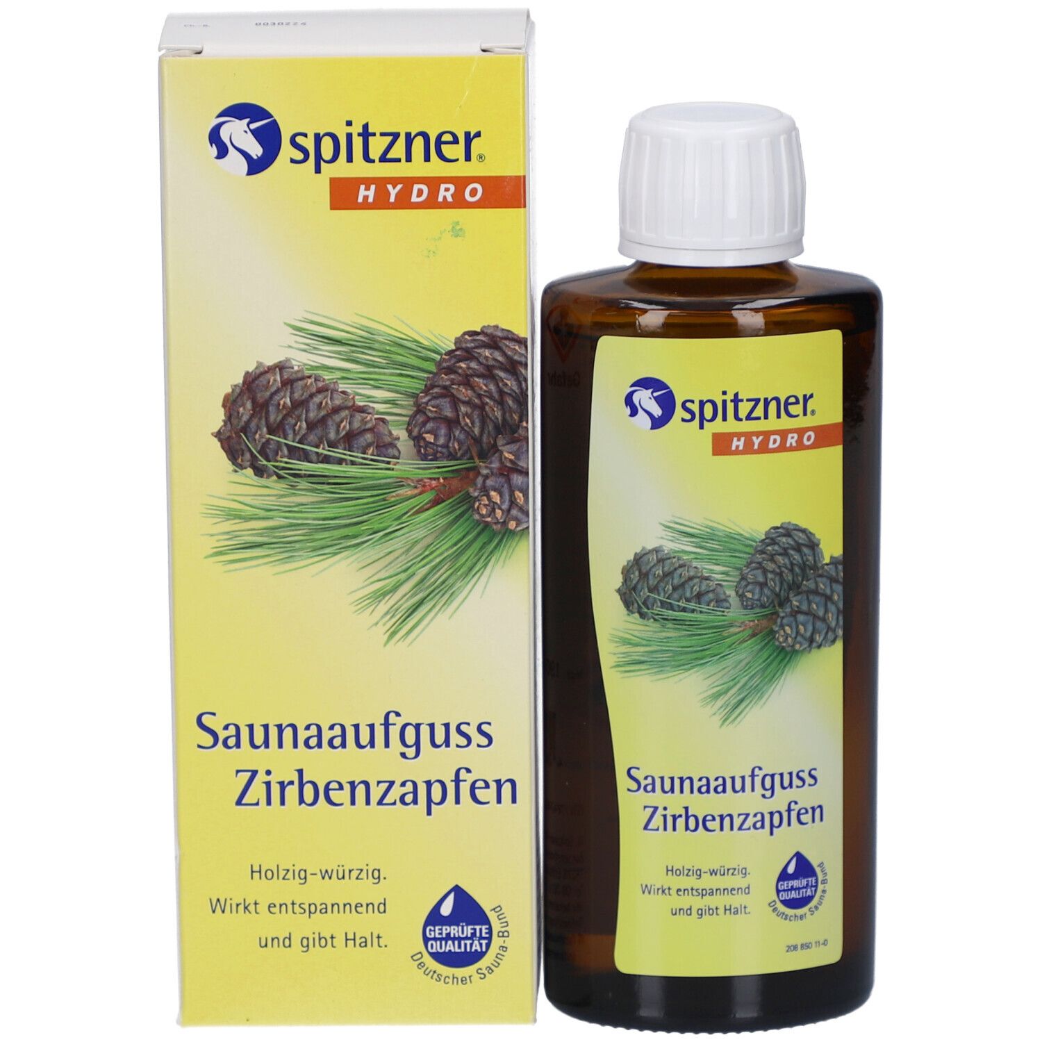 Produktverpackung und Flasche. Verpackung mit Zirbenzapfen-Illustration und Schriftzug Spitzner Hydro Saunaaufguss Zirbenzapfen.