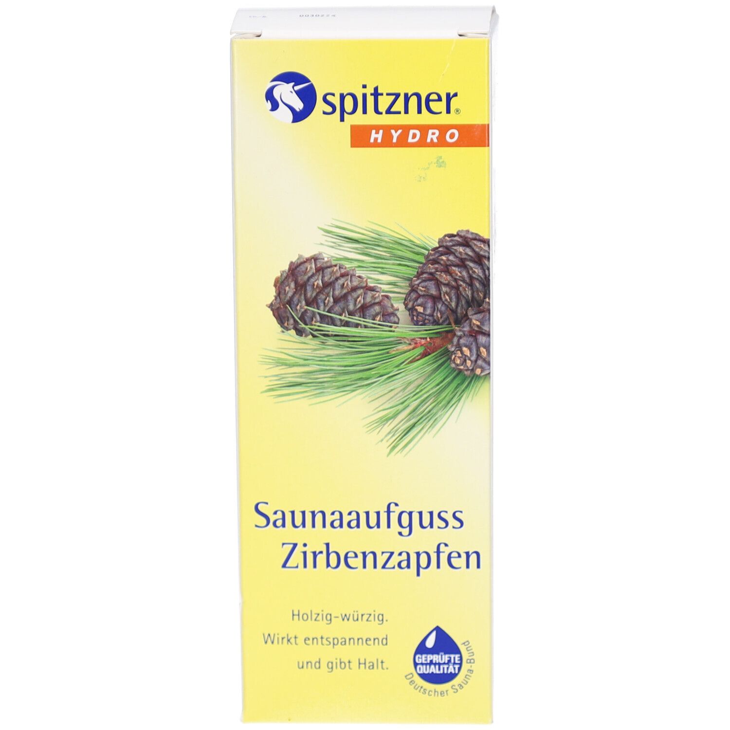 Schmale, hohe Produktverpackung. Gelbes Design mit Zirbenzapfen-Illustration und Schriftzug Spitzner Hydro Saunaaufguss Zirbenzapfen.