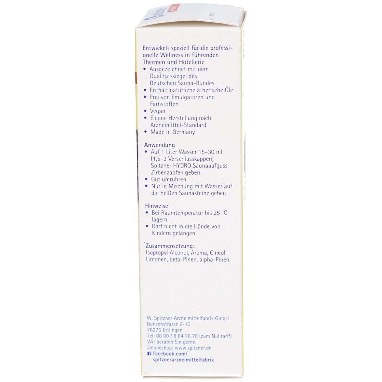 Schmale Produktverpackung. Text mit Anwendungs- und Inhaltsangaben. Enthält Informationen zur Herstellung und Anwendung.