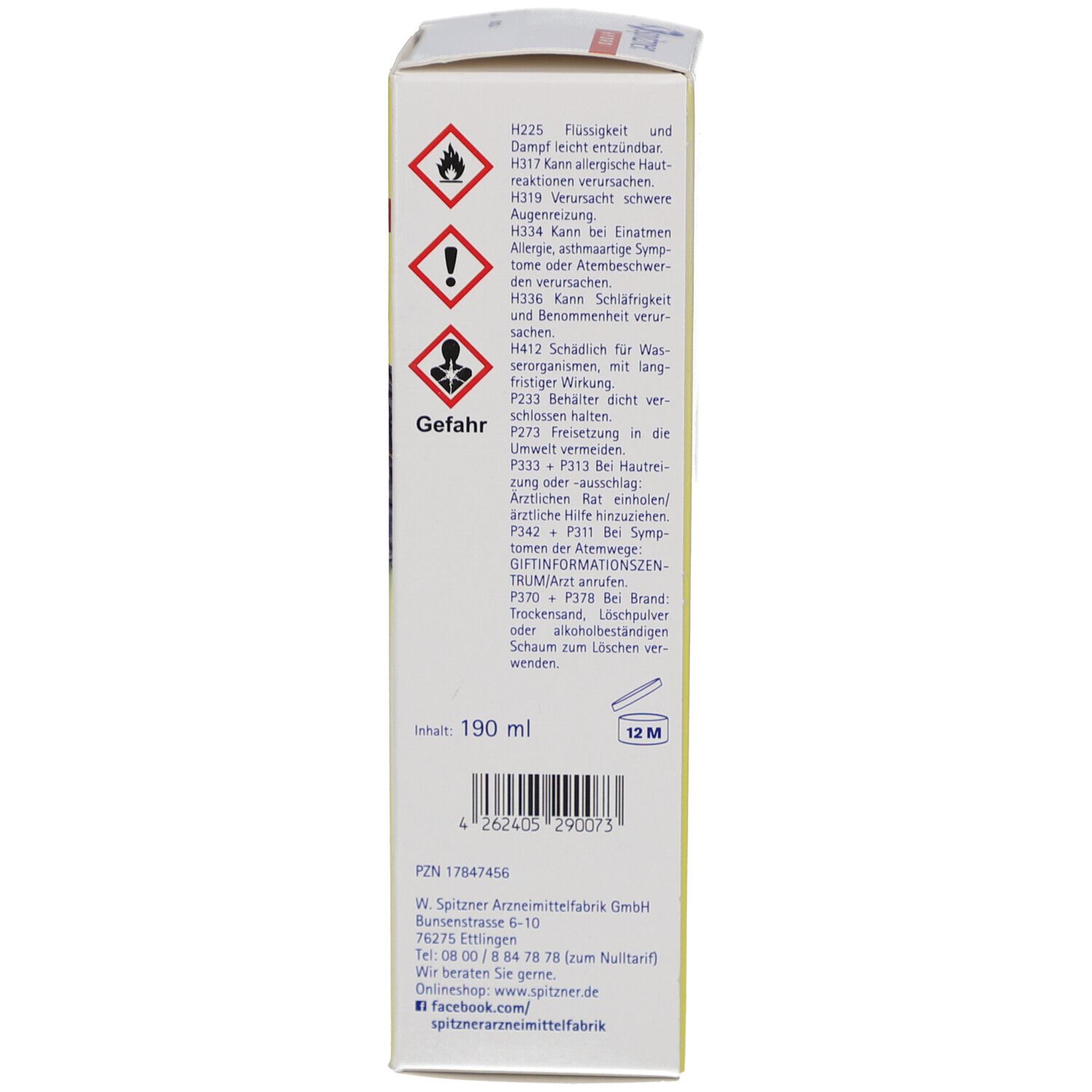 Rückseite der Produktverpackung. Text mit Gefahrenhinweisen, Inhaltsangaben und Herstellerinformationen. Enthält 190 ml.