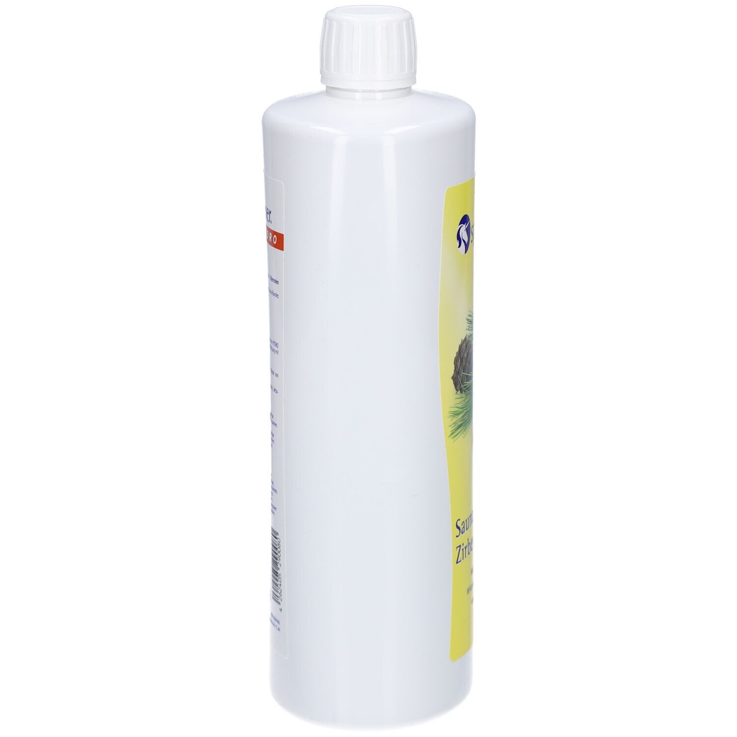 Weiße Flasche, Seitenansicht. Etikett mit Text und Barcode.