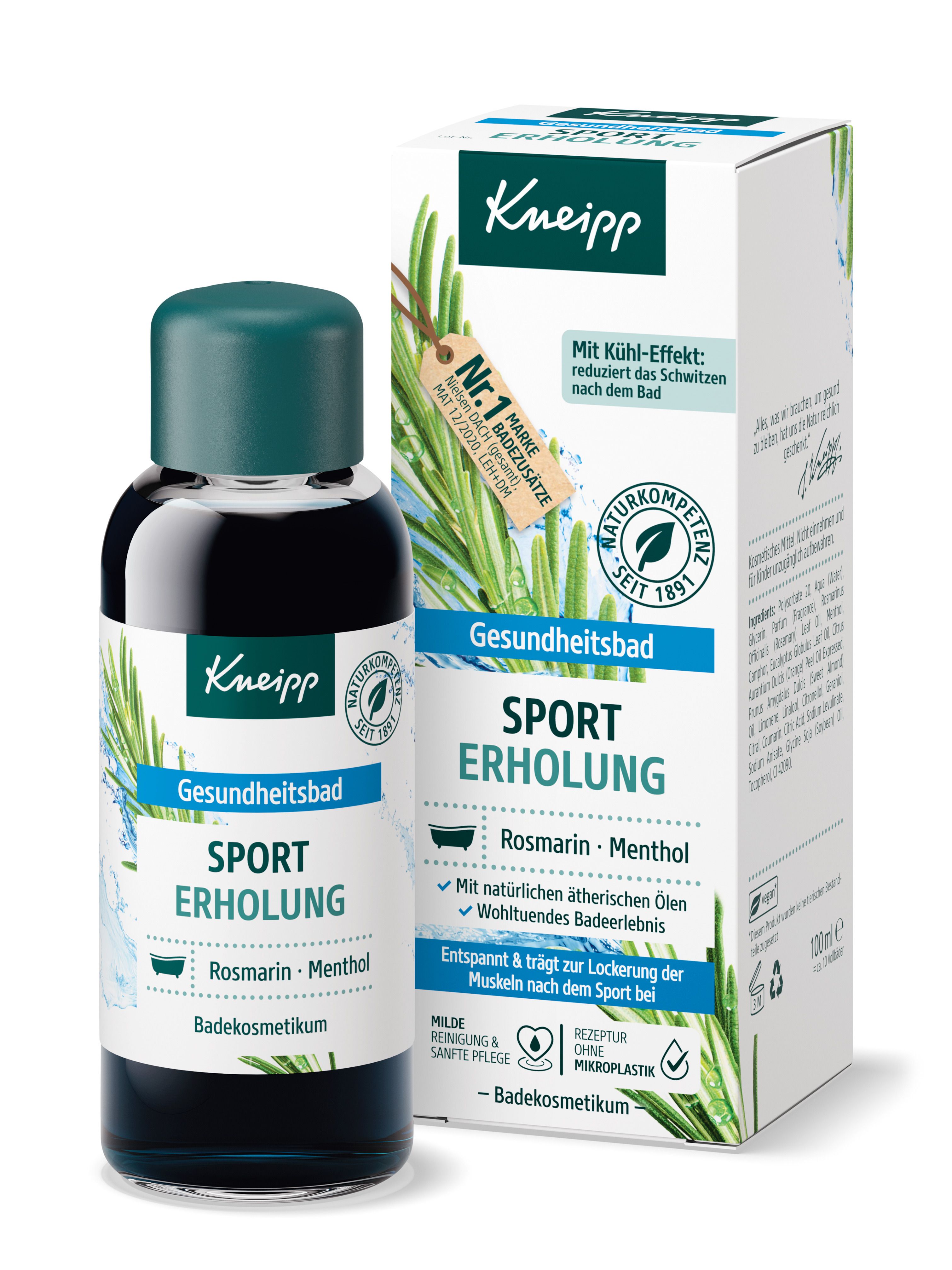 Bain Kneipp® Sport Erholung, flacon et emballage. Liquide bleu-vert. Texte : Sport Erholung, Romarin-Menthol.