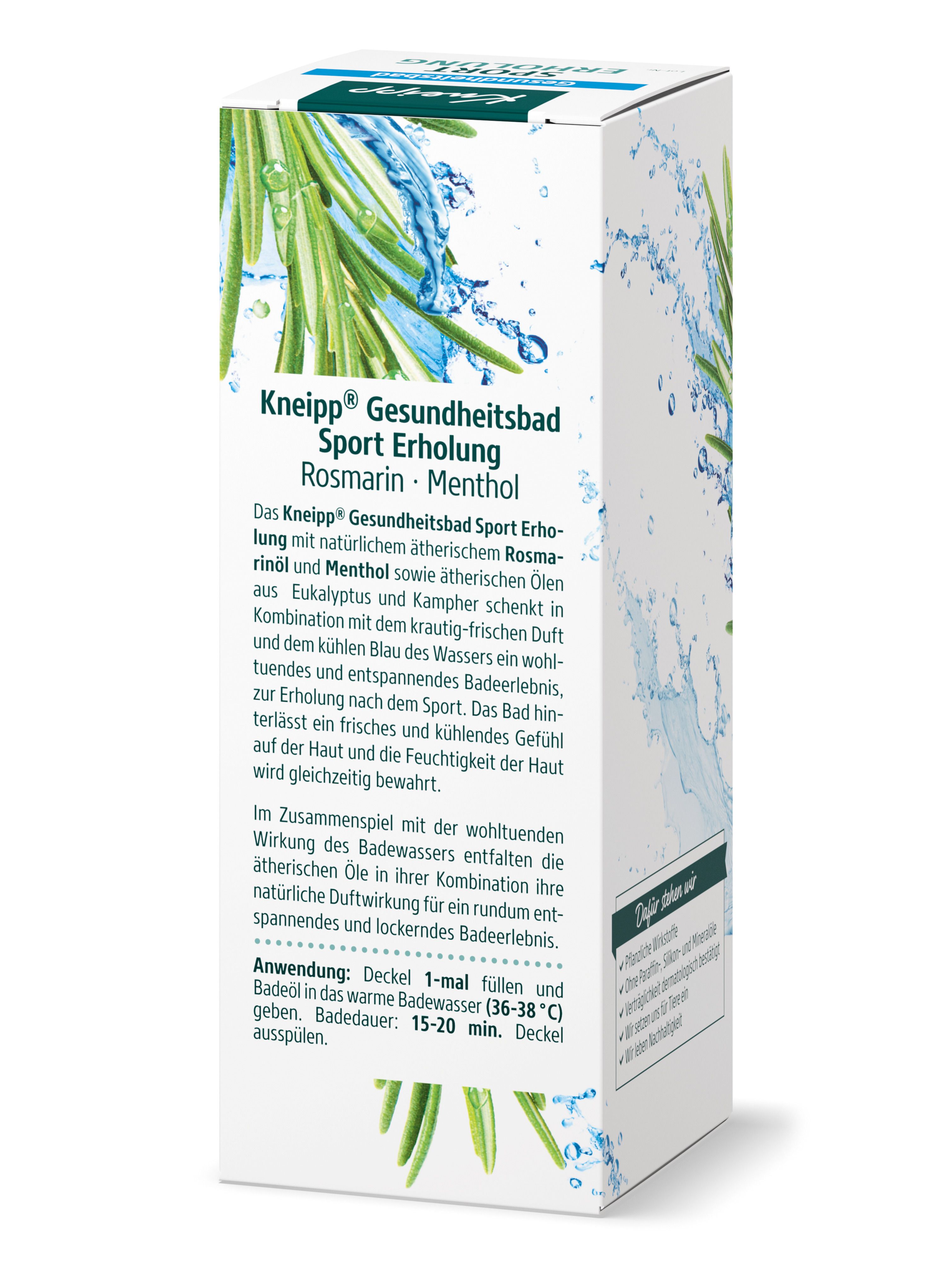 Emballage Kneipp® Sport Erholung. Texte : Sport Erholung, Romarin-Menthol. Dos avec instructions et ingrédients.