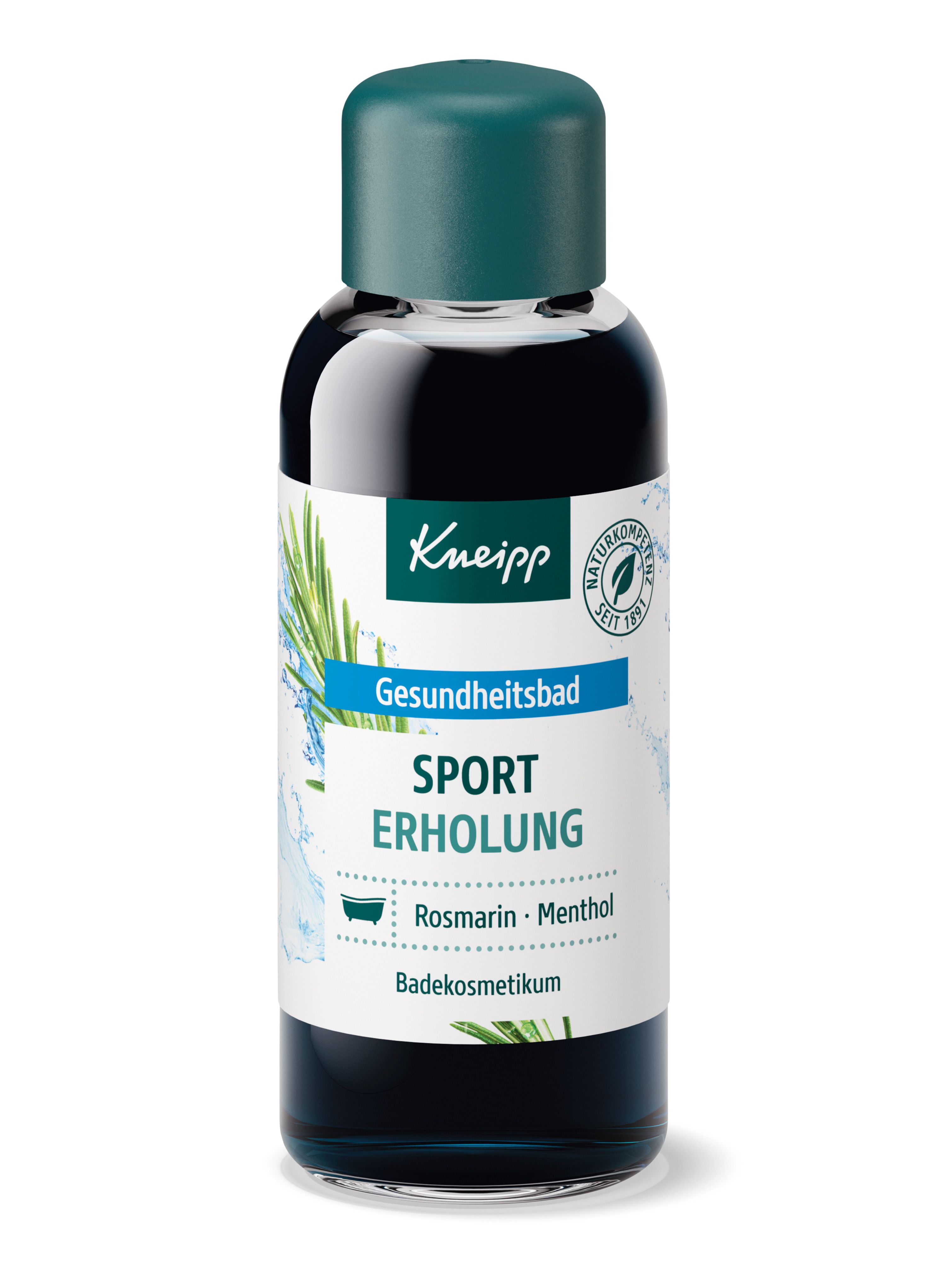 Flacon Kneipp® Sport Erholung. Liquide bleu-vert. Texte : Sport Erholung, Romarin-Menthol. Bouchon vert.