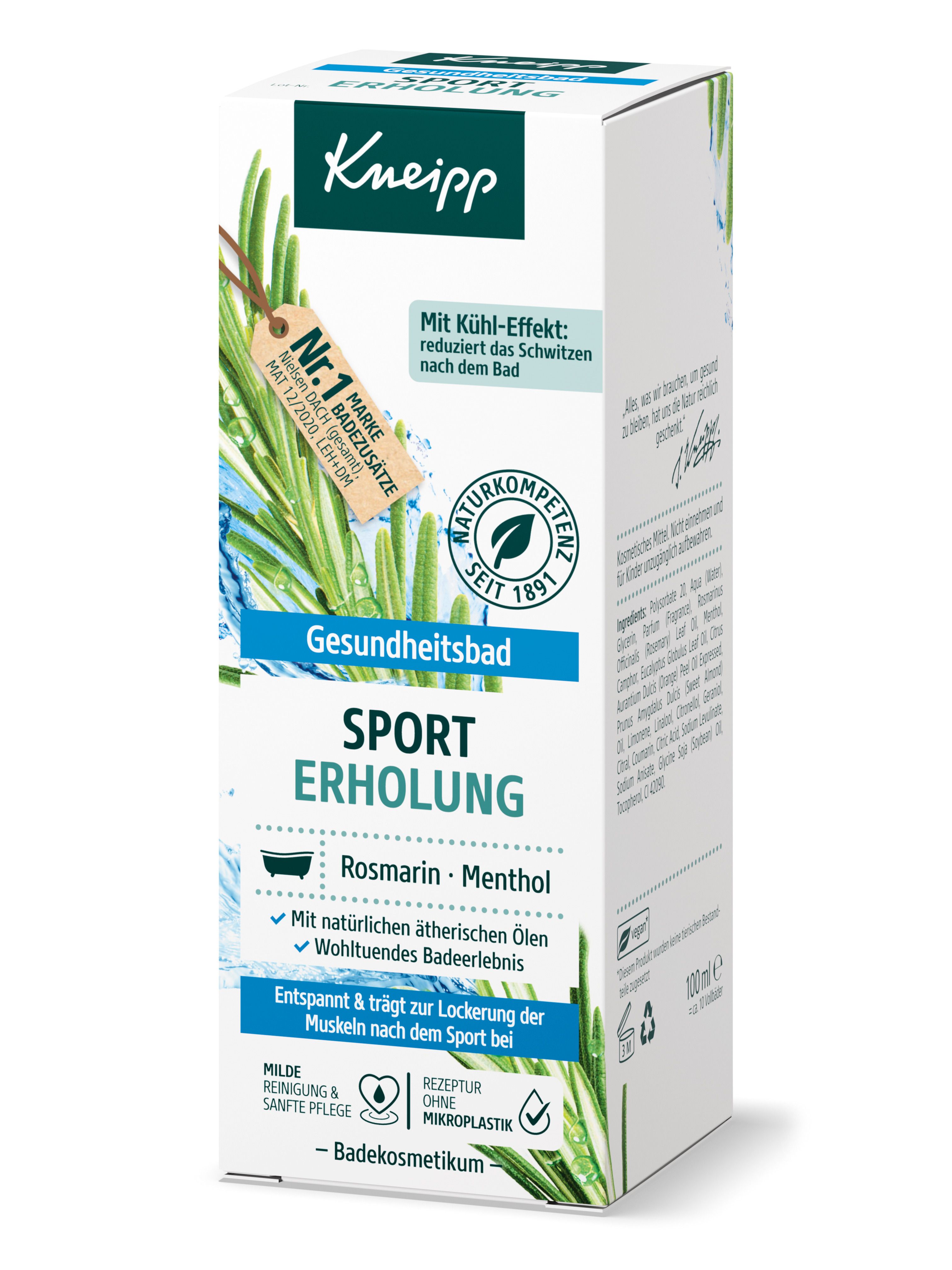 Emballage Kneipp® Sport Erholung. Texte : Sport Erholung, Romarin-Menthol. Avec effet rafraîchissant. Éléments verts et bleus.