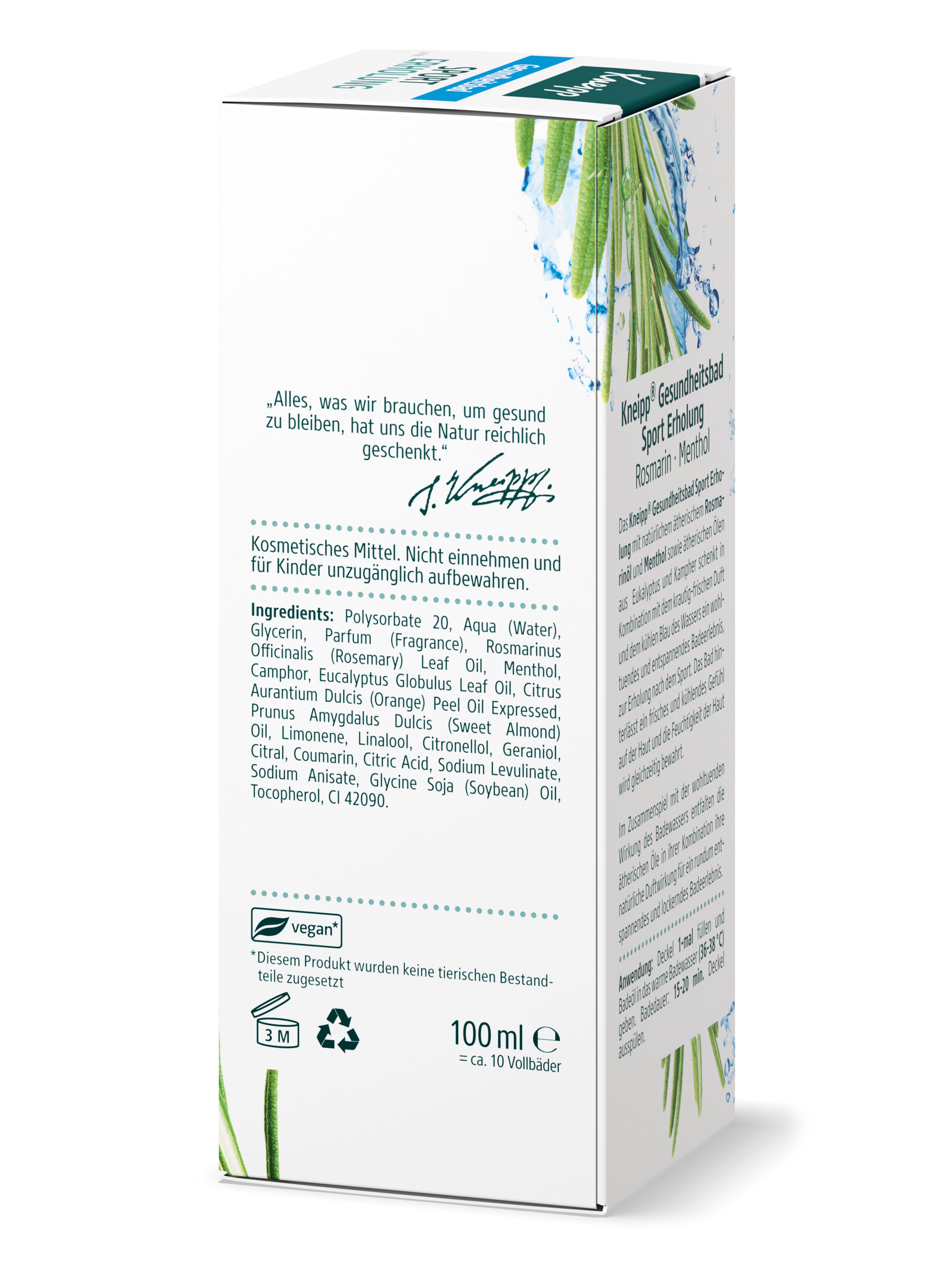 Emballage Kneipp® Sport Erholung. Dos avec ingrédients et autres informations. Label végétalien.