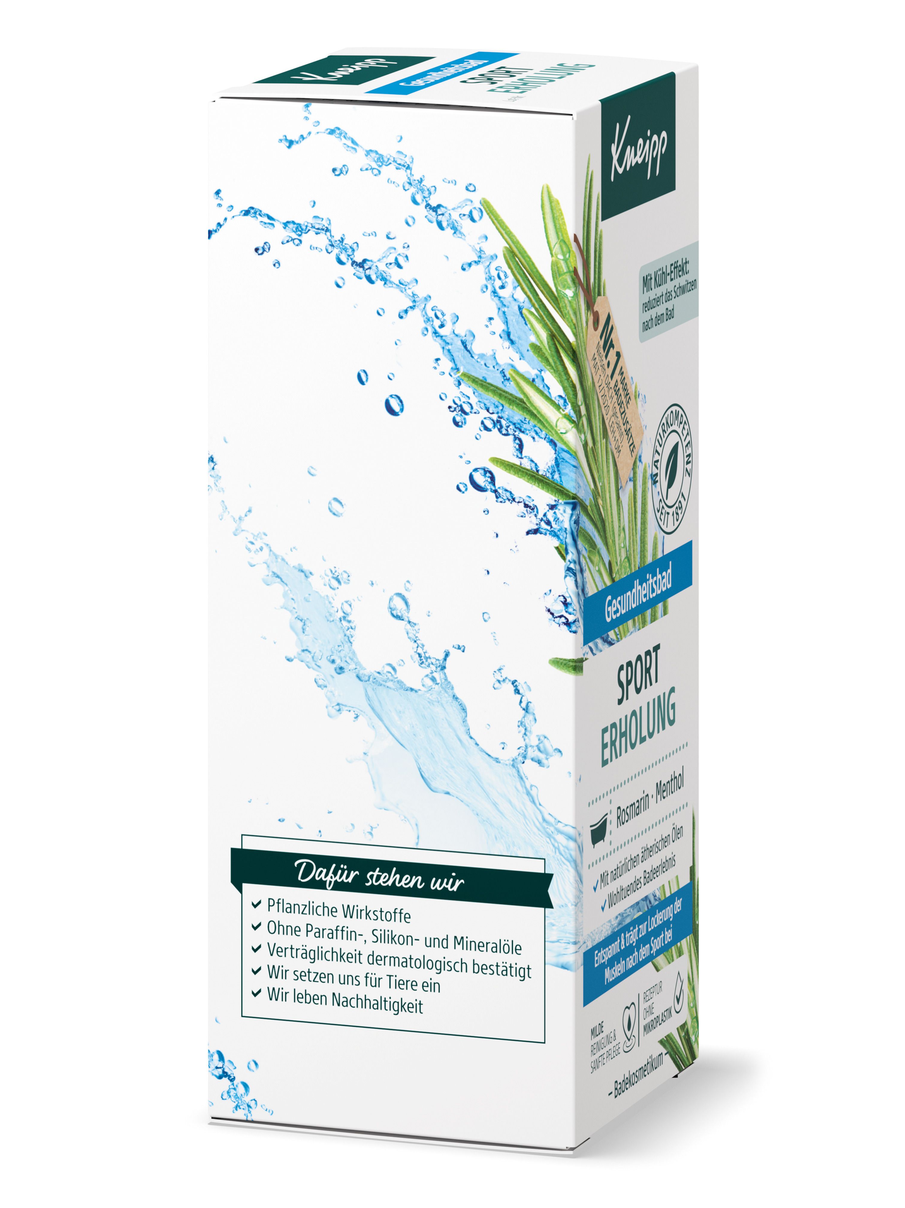 Emballage Kneipp® Sport Erholung. Dos avec informations sur le produit. Éléments bleus et verts. Label végétalien.