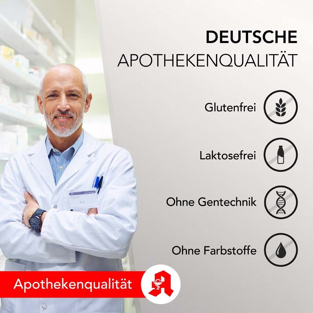 Médecin en blouse blanche. Texte: Qualité pharmaceutique allemande. Sans gluten, sans lactose, sans OGM, sans colorants. Qualité pharmacie.