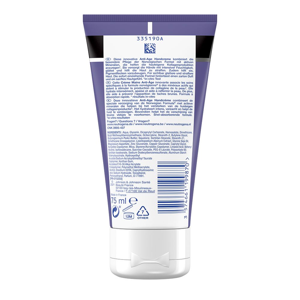 Dos du tube de crème pour les mains. Texte : ingrédients, 75 ml, symbole 12M, symbole de recyclage. Code-barres.