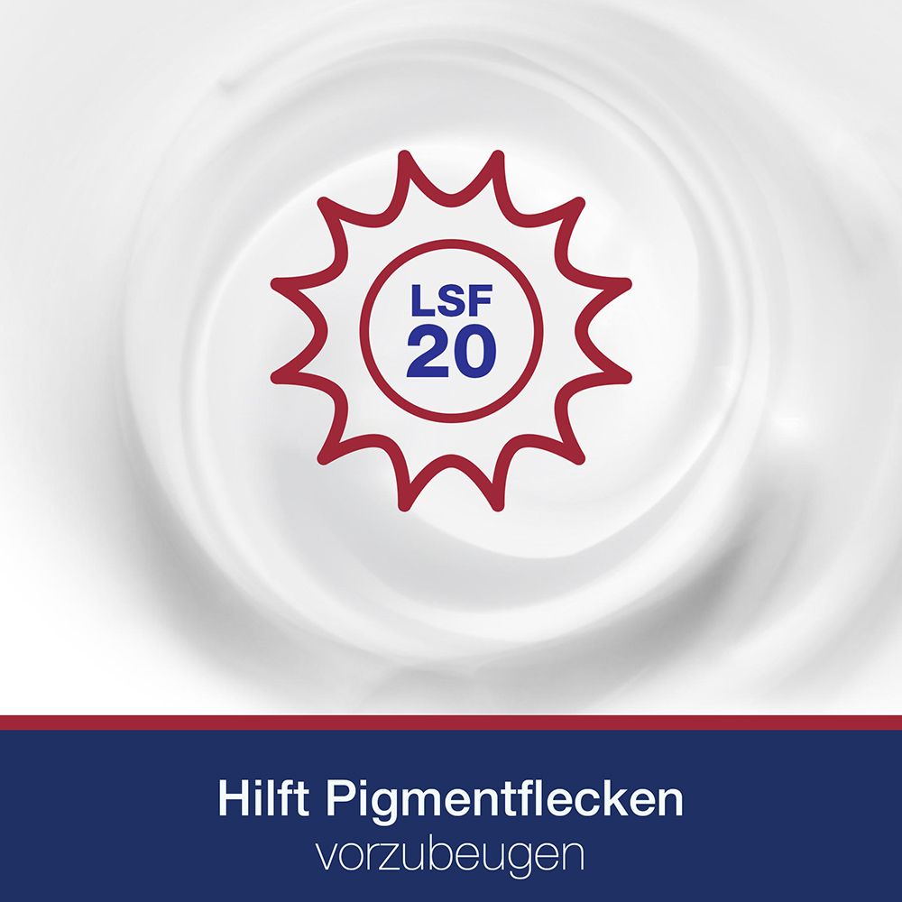 Graphique avec soleil et peau. Texte : Aide à prévenir les taches pigmentaires. SPF 20.