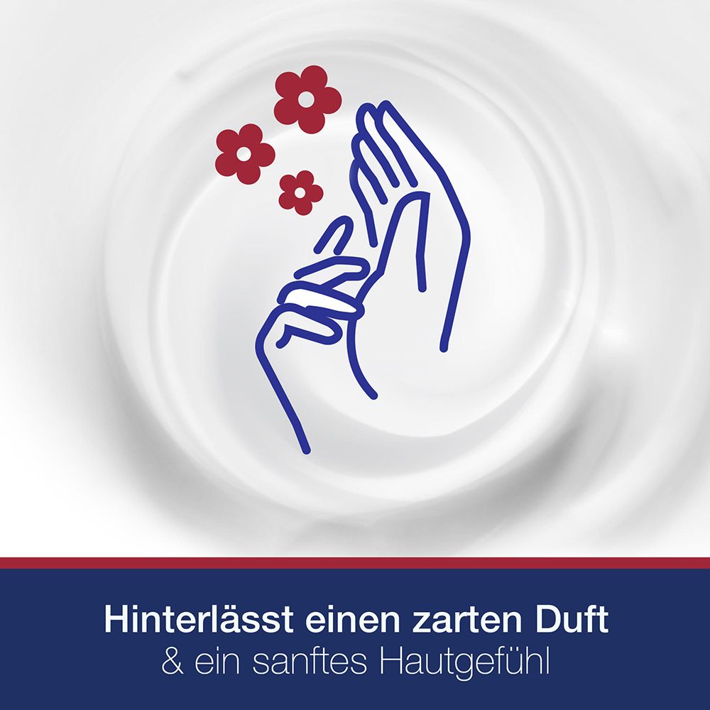 Graphique avec mains et fleurs. Texte : Laisse un parfum délicat et une sensation de peau douce.