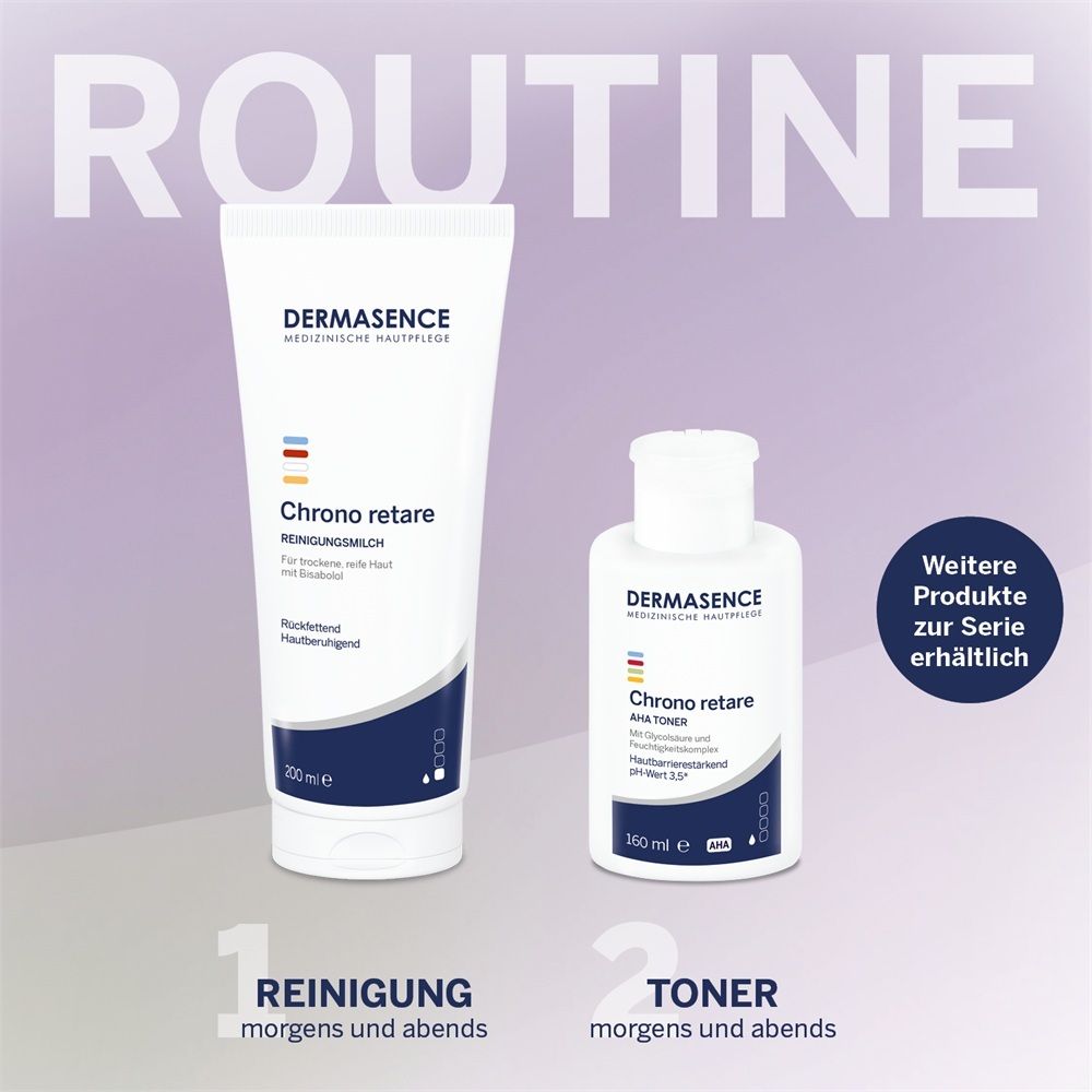 Dermasence Chrono retare Reinigungsmilch (200ml) und Toner (160ml).