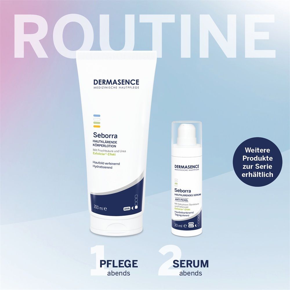 Dermasence Seborra Hautpflege-Körperlotion (200ml) und Serum (30ml) für die abendliche Routine.