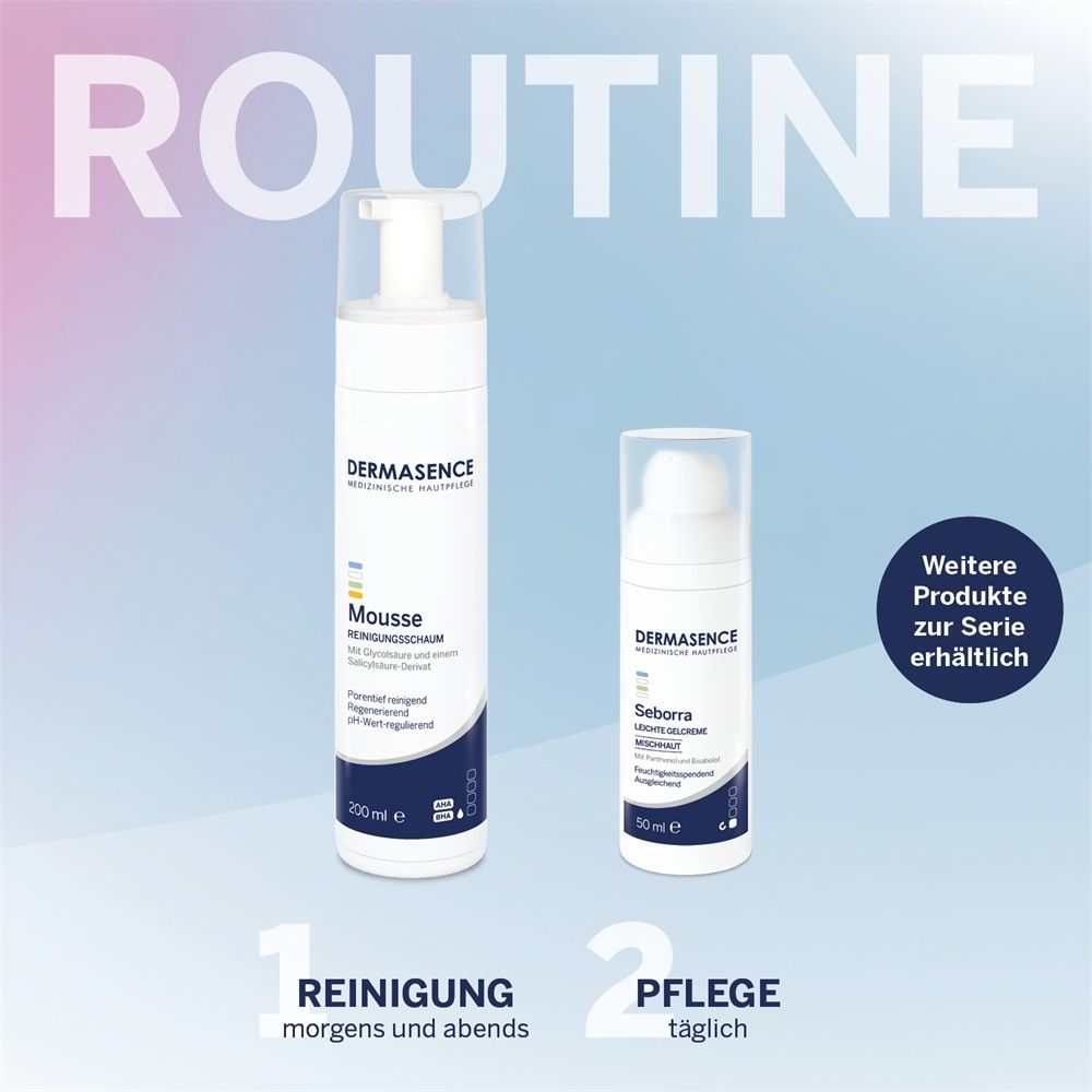 DERMASENCE Reinigungsmousse (200 ml) und Sebora Pflege (50 ml) für die tägliche Routine.