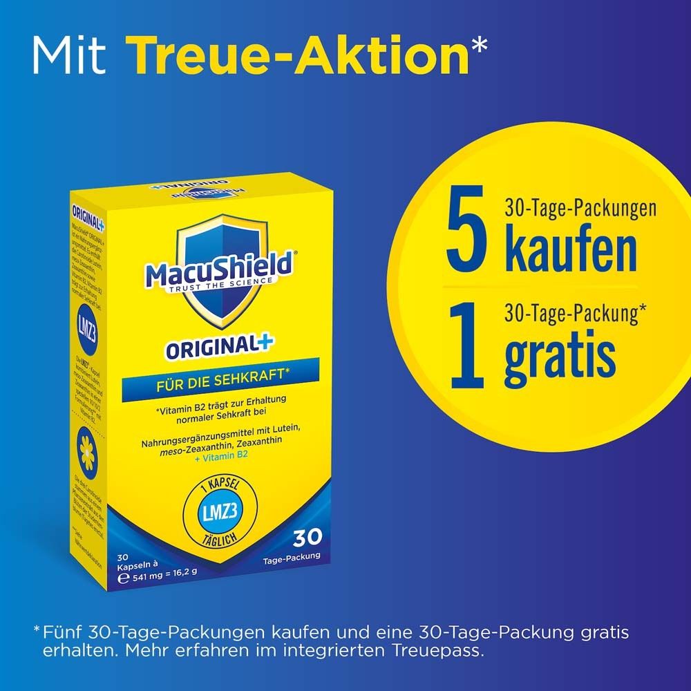 MacuShield ORIGINAL+ Packung mit Angebot: Kaufe 5, erhalte 1 gratis. Text: Für die Sehkraft.