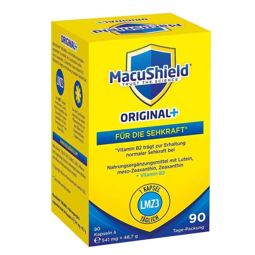 Boîte jaune MacuShield ORIGINAL+. Contient 90 gélules. Formule LMZ3. Pour la santé oculaire.