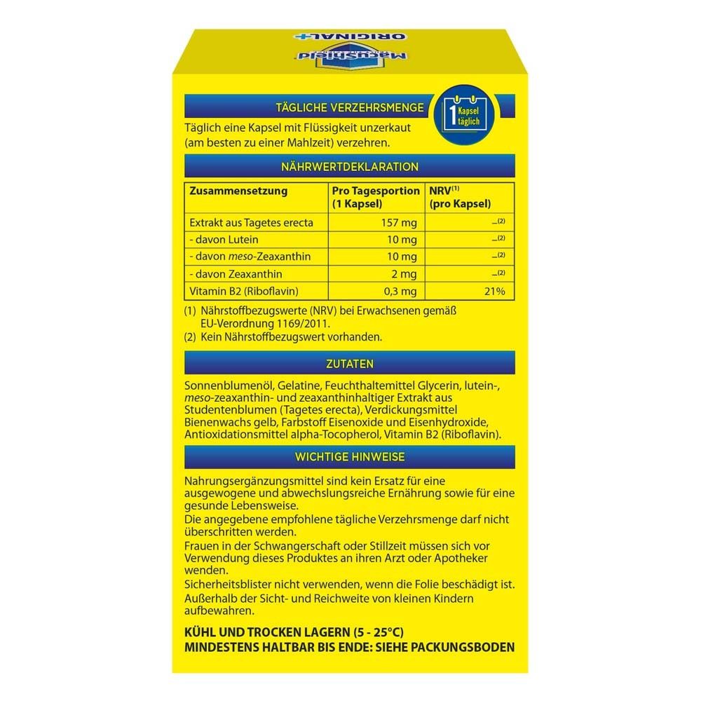Dos de l'emballage MacuShield ORIGINAL+. Contient la déclaration nutritionnelle et la liste des ingrédients.