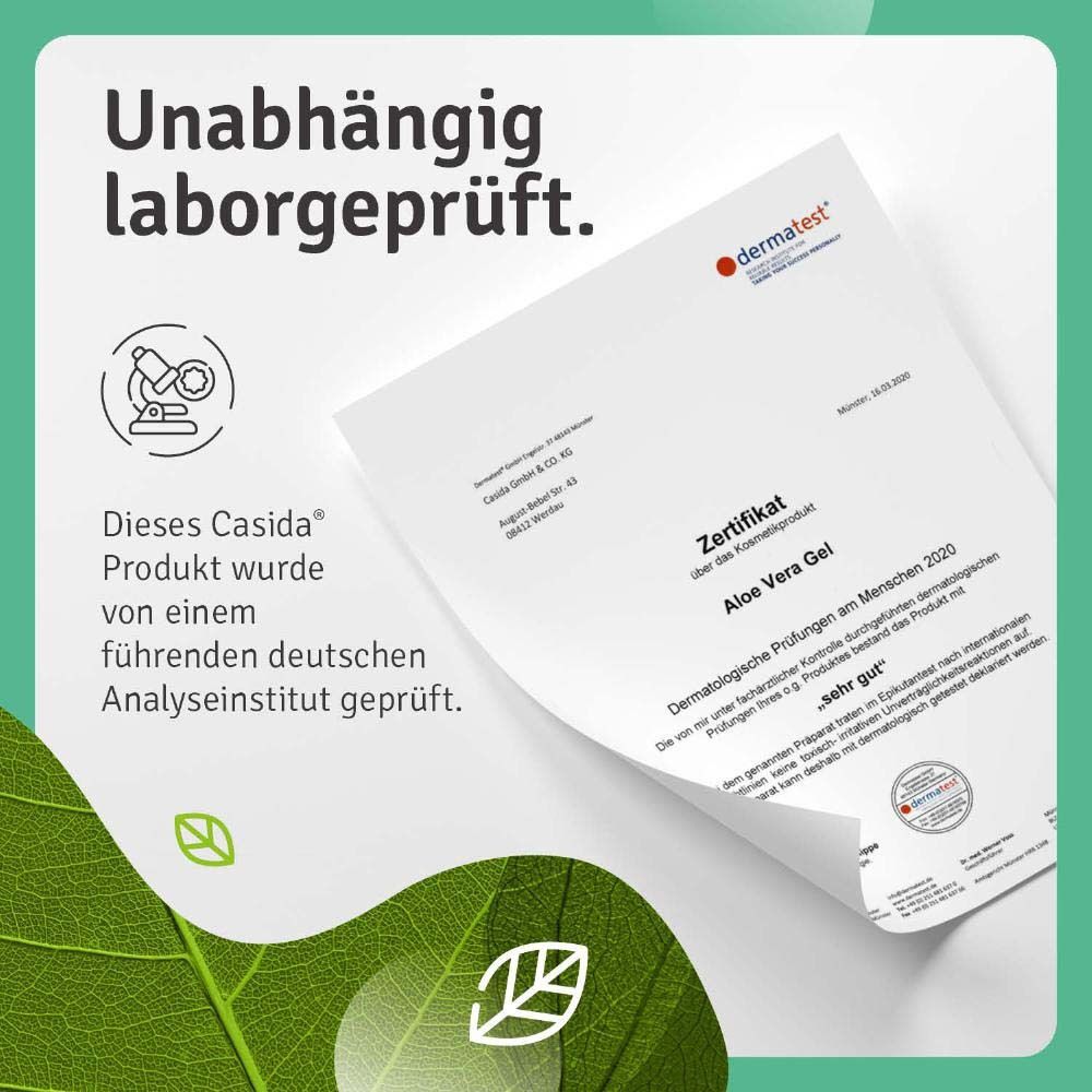 Zertifikat von Dermatest für Casida Aloe Vera. Geprüft von einem deutschen Analyseinstitut. Sehr gut.
