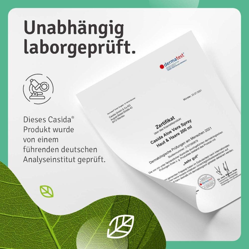 Zertifikat von Dermatest für Casida Aloe Vera Spray. Geprüft von einem deutschen Analyseinstitut. Sehr gut.