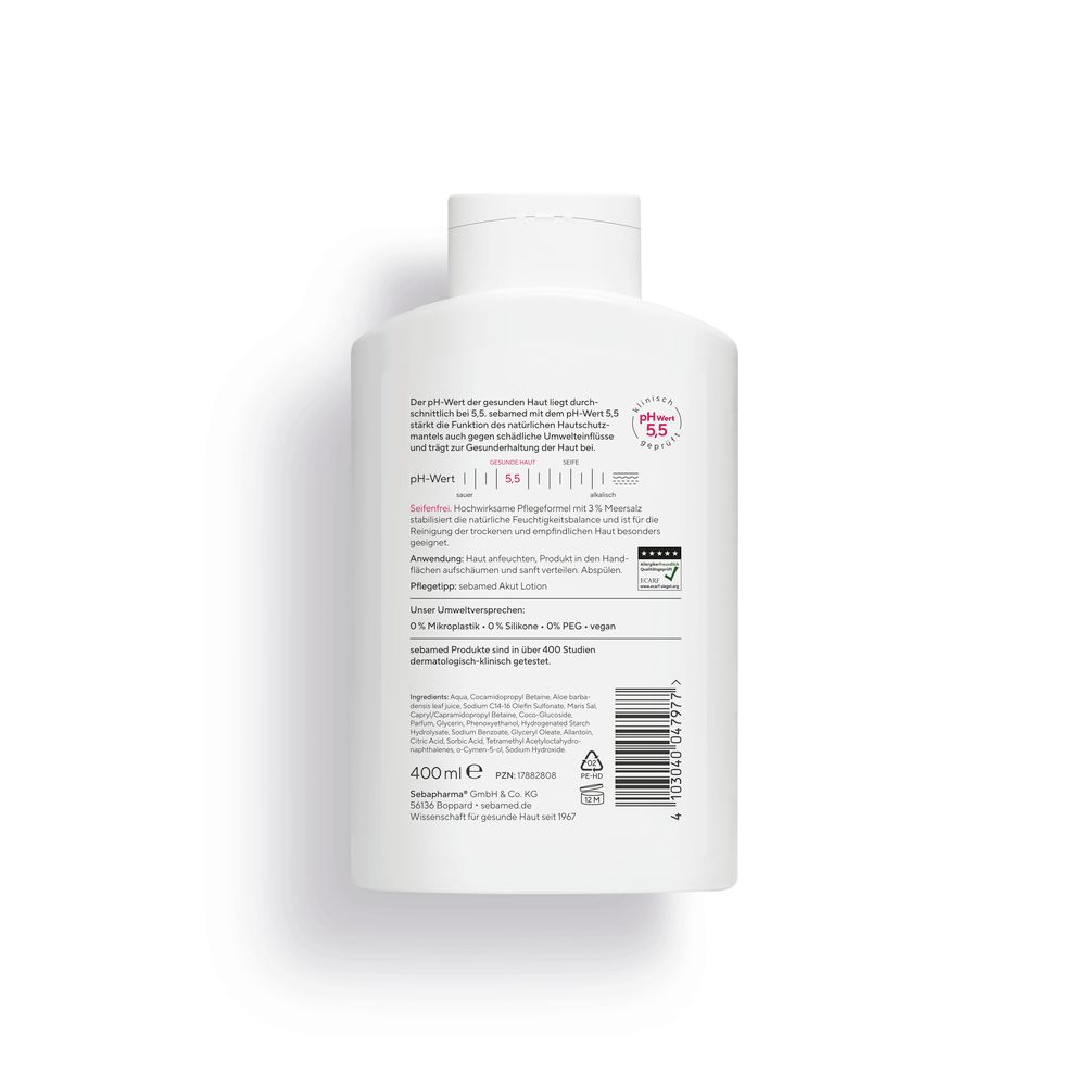 Dos du flacon blanc sebamed® Meersalz Dusche. pH 5,5. 400 ml. Sans microplastique, PEG, silicones. Ingrédients.