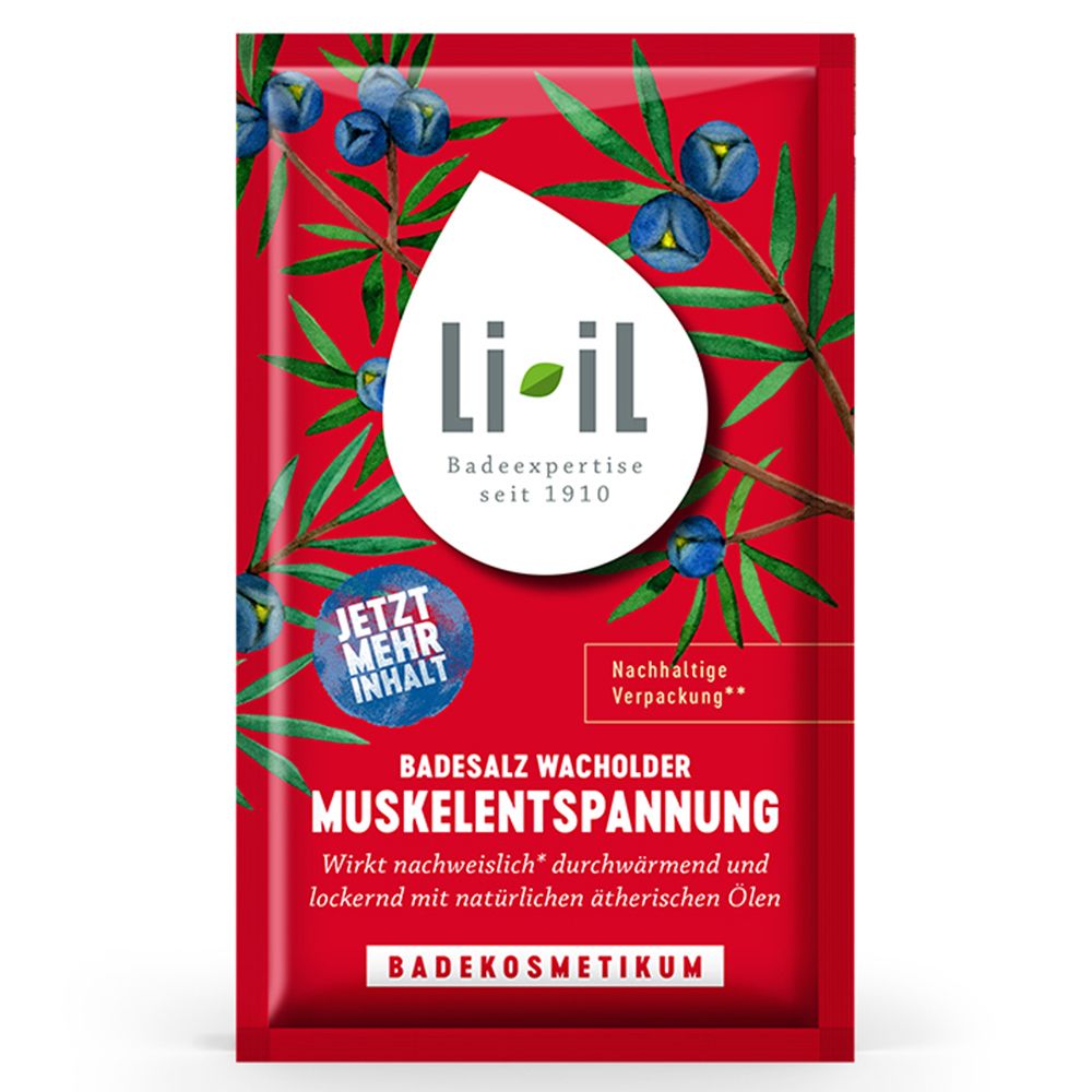 Emballage rouge avec logo et texte. Sel de bain Wacholder Muskelentspannung. Emballage durable.