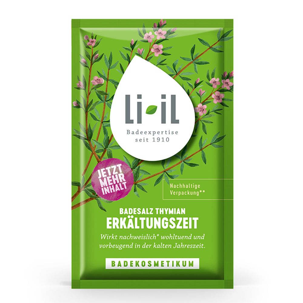 Grüner Beutel mit Thymian-Badesalz für Erkältungszeit. Li-il Marke, Badeexpertise seit 1910.