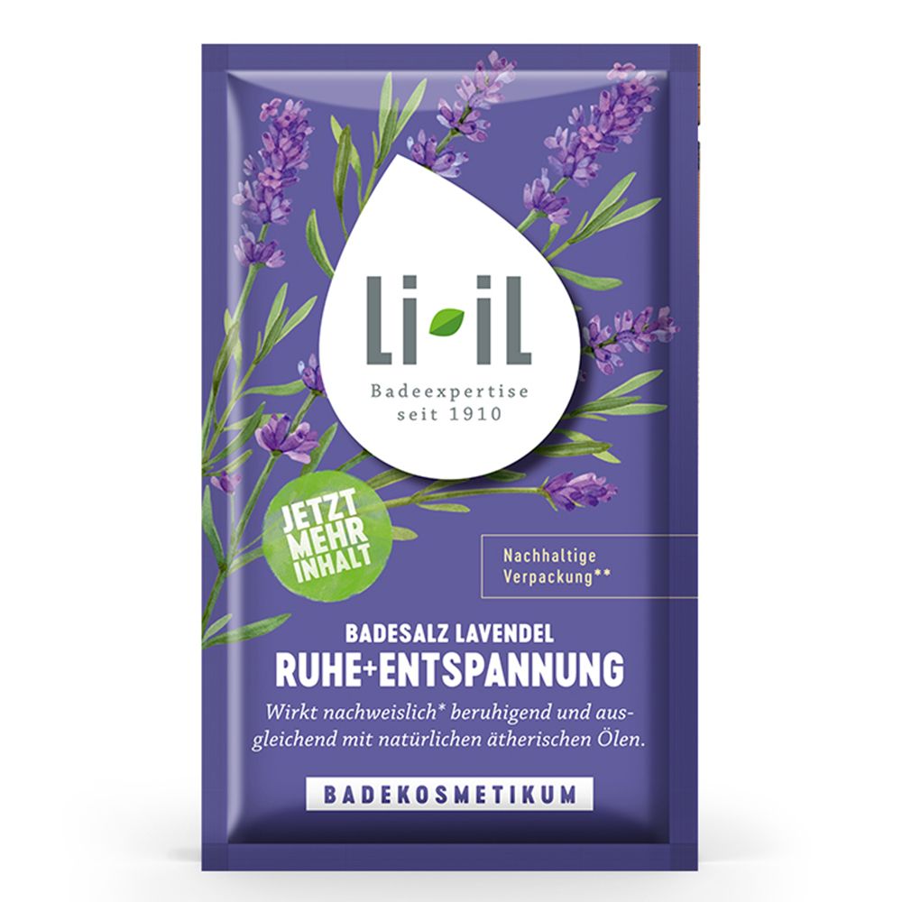 Lila Beutel mit Produktnamen und Logo. Text: Badesalz Lavendel Ruhe + Entspannung. Marke: Li-il.