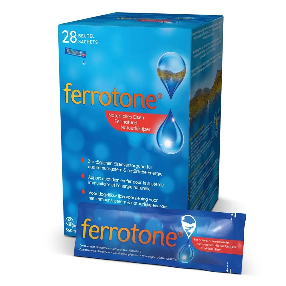 Boîte bleue et blanche avec logo ferrotone® et 28 sachets. Texte: Fer naturel, Natuurlijk ijzer, Natürliches Eisen.