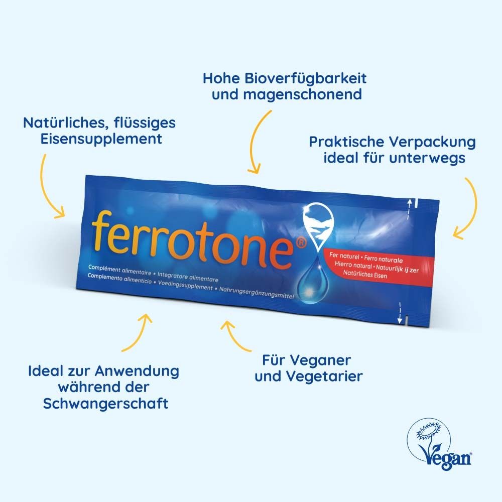 Sachet bleu avec logo ferrotone®. Texte: Complément alimentaire, végan, pour grossesse, pour végétaliens et végétariens.